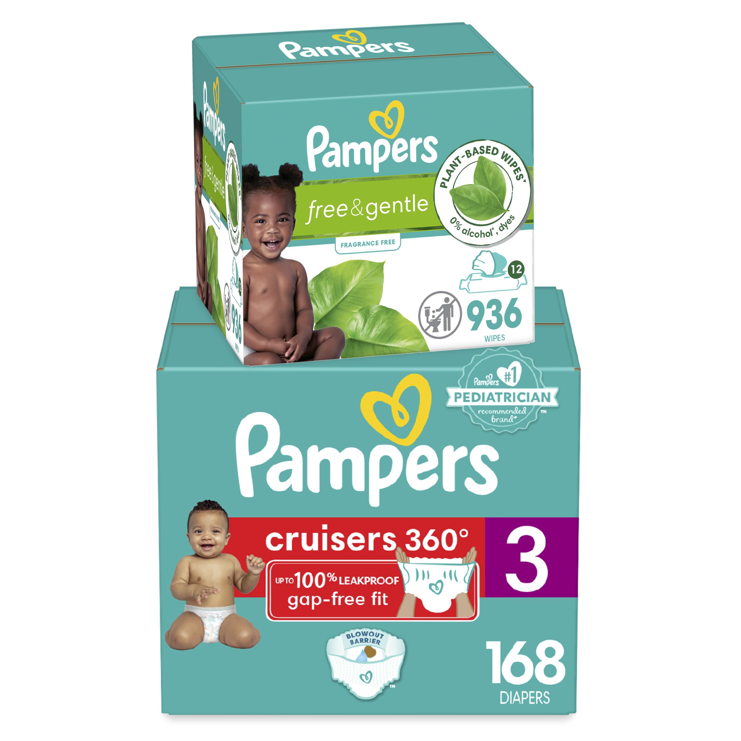 Pampers Pull On Cruisers 360° Fit Disposable Baby Diapers - Size 3 (168 Count) + Free Gentle Baby Wipes (12 Packs, 936 Wipes) - One Month Supply - Perfect for Active Babies & On-The-Go Families