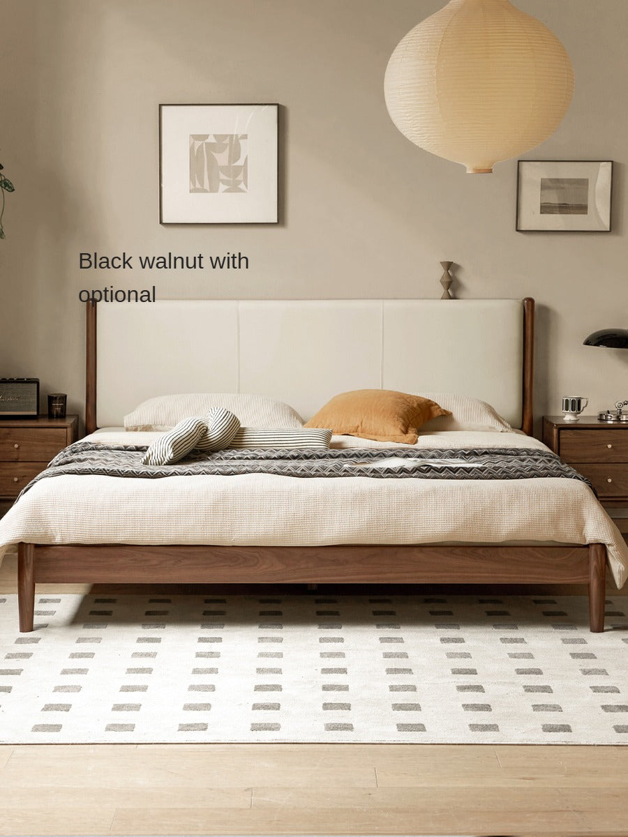 Italian Light Luxury Oak Solid Wood Leather Soft Bed - Elegant and Durable Bed Frame for Master Bedroom, Guest Room, or Modern Home Decor