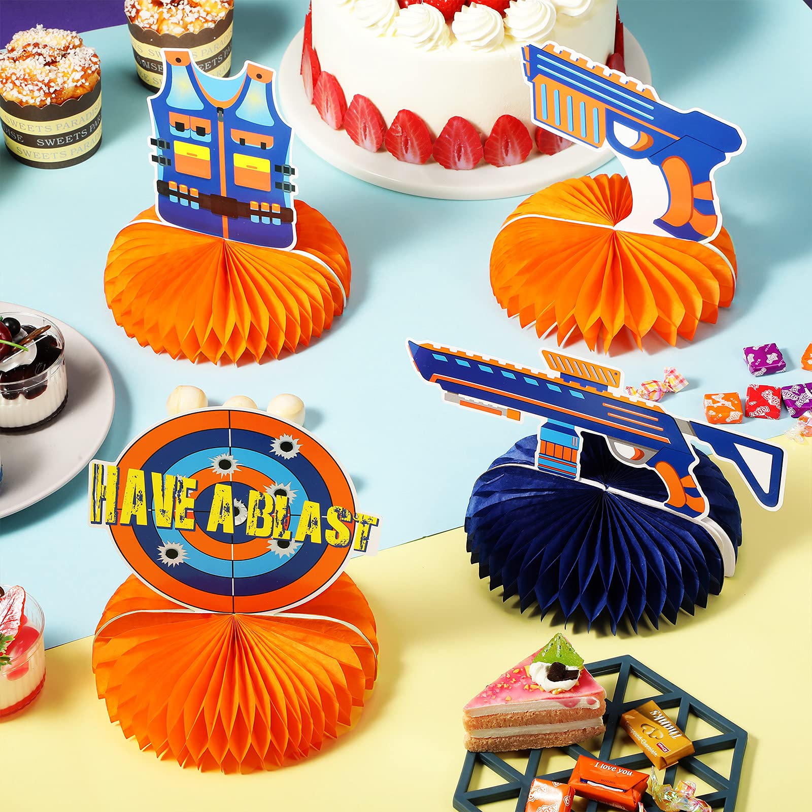 Outus 9-Piece Dart Battle Party Decorations Kit - Honeycomb Centerpieces, Double-Sided Table Toppers for Blaster Battle Theme Birthday Parties - Perfect for Kids' Birthday, Nerf War, and Game Night Decorations