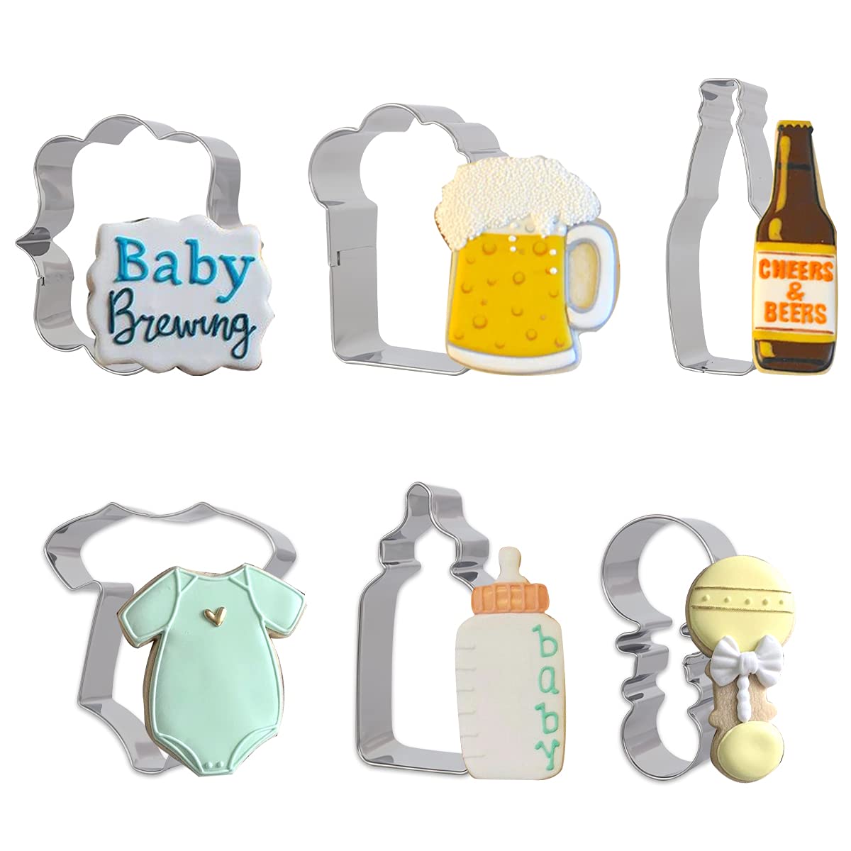 Stainless Steel Beer Themed Cookie Cutters Set - Baby Brewing Beer Mug, Bottle, Onesie, Rattle & Photo Plaques - Dough & Fondant Biscuit Molds for Baby Showers, Birthdays & Baking Parties