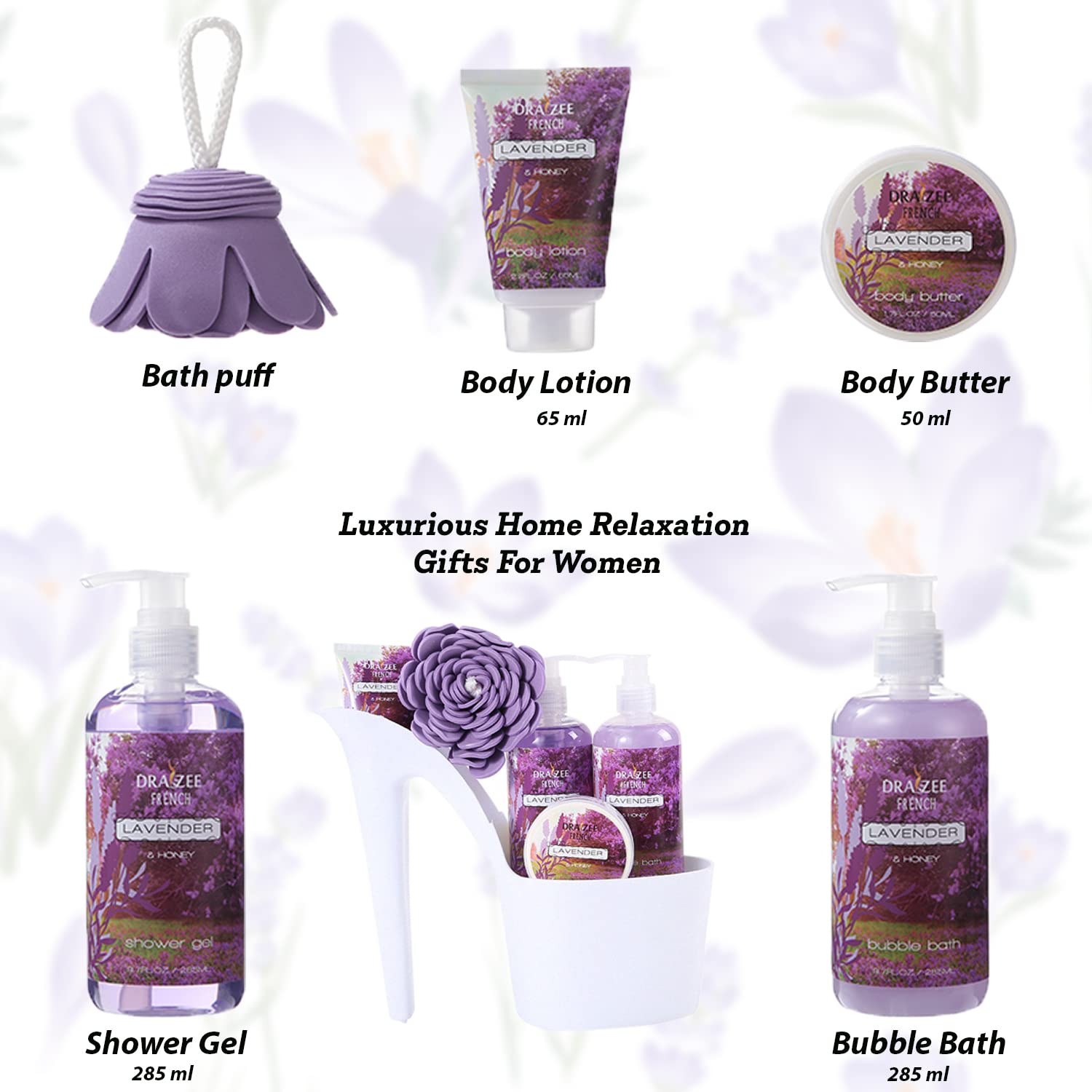 Luxury Spa Gift Set for Mom - 4 Floral Scents (Rose, Lavender, Coconut, British Rose) with Shower Gel, Bubble Bath, Body Butter & Lotion | Perfect Mother's Day Gift Basket by Draizee | Relaxing Bath & Self-Care Essentials