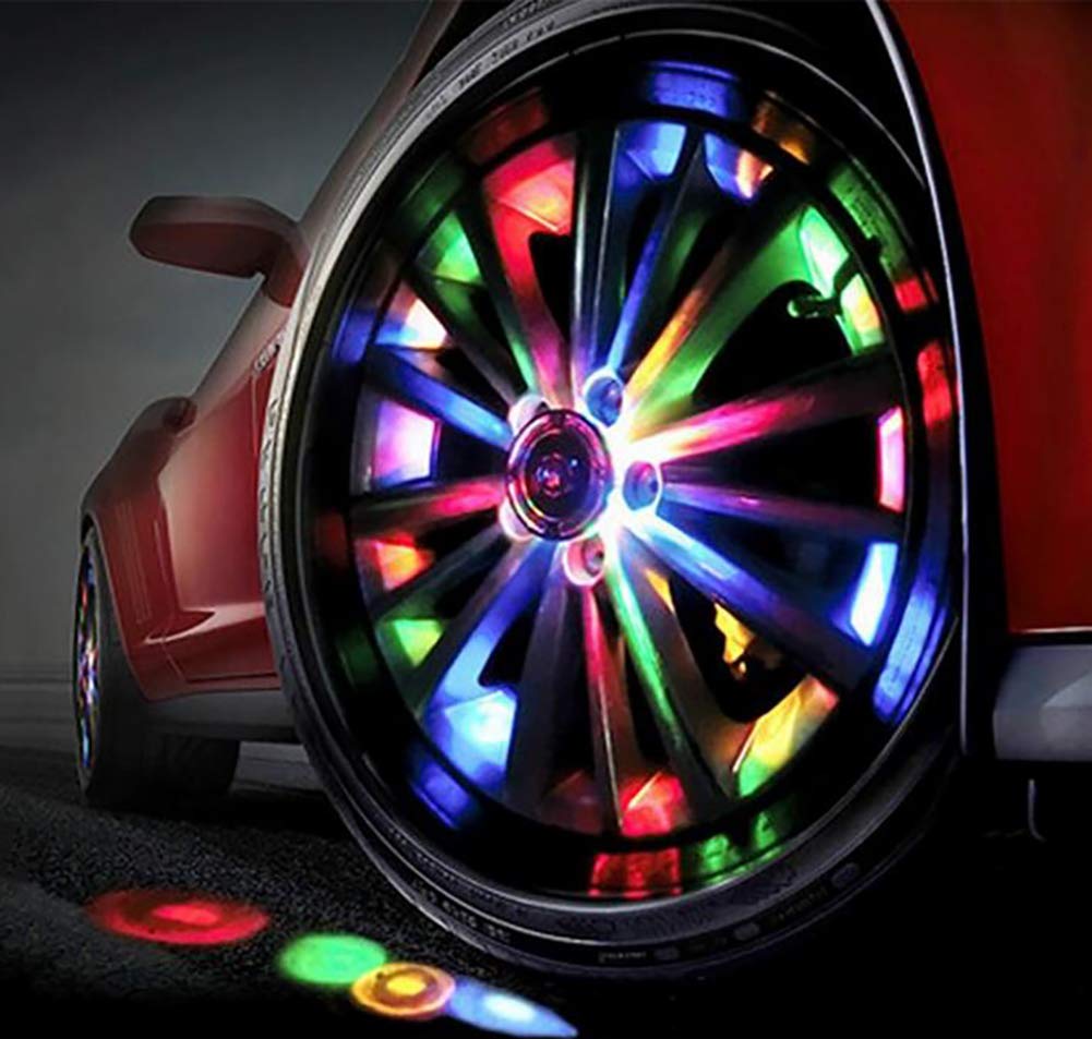 7 Color Solar Powered RGB LED Car Wheel Tire Valve Cap Lights with Remote Control - 4 Pack for Night Driving & Car Customization
