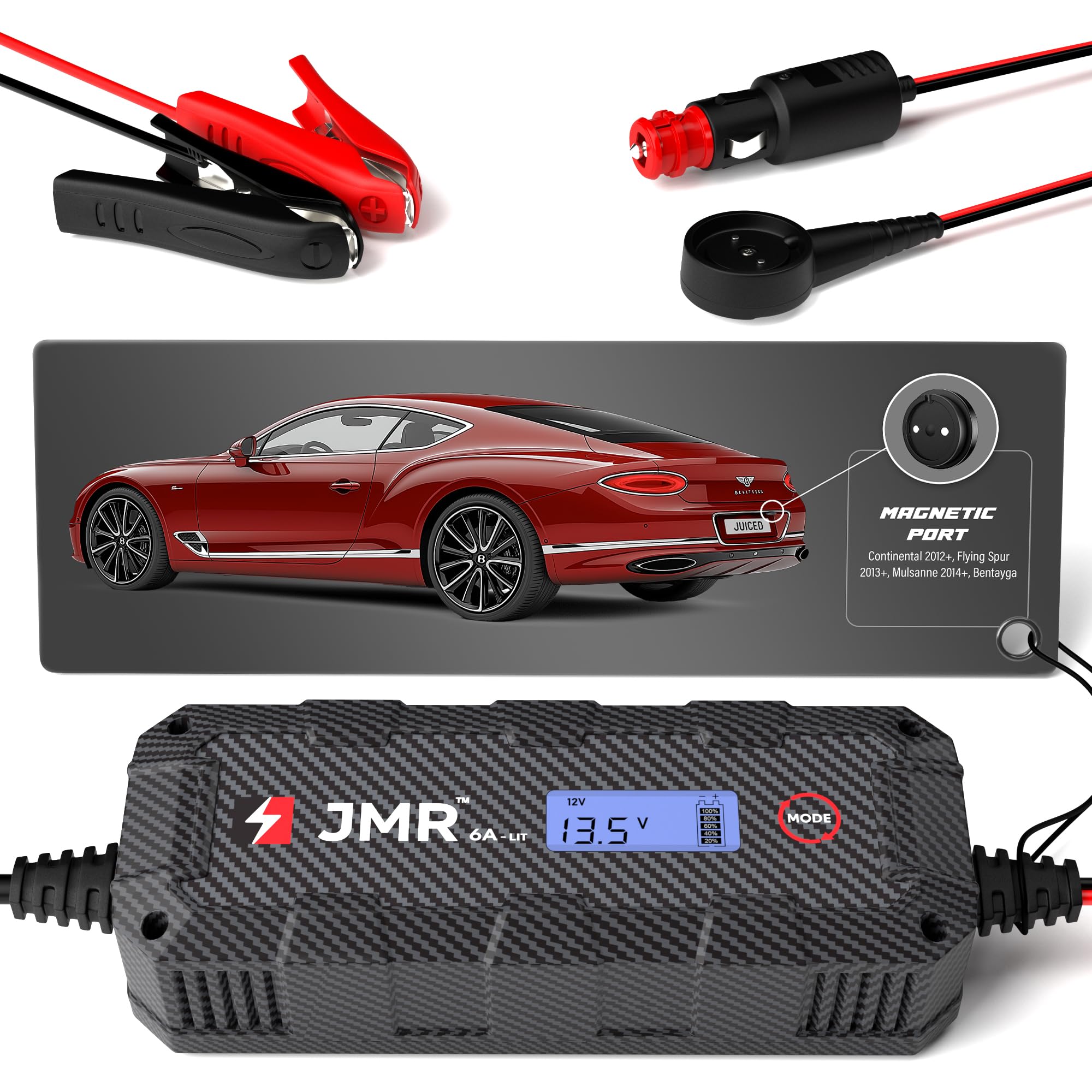 Premium JMR Battery Charger for Bentley Continental GT, Bentayga, Flying Spur & Mulsanne - Smart Trickle Charger with Magnetic Port & Lithium Mode - Perfect for Winter Storage & Long-Term Vehicle Maintenance