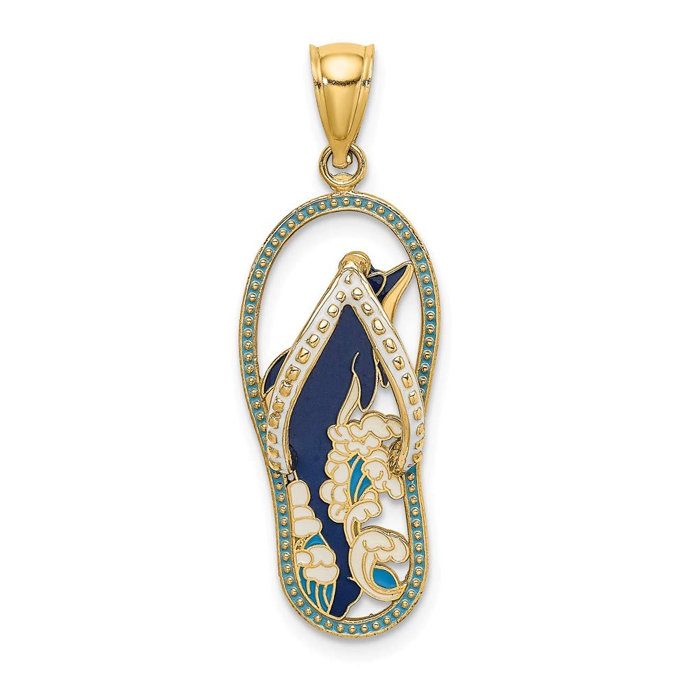 14K Yellow Gold Enamel Dolphin Flip-Flop Charm Pendant Necklace - Elegant Beach Jewelry for Summer Vacation & Ocean Lovers