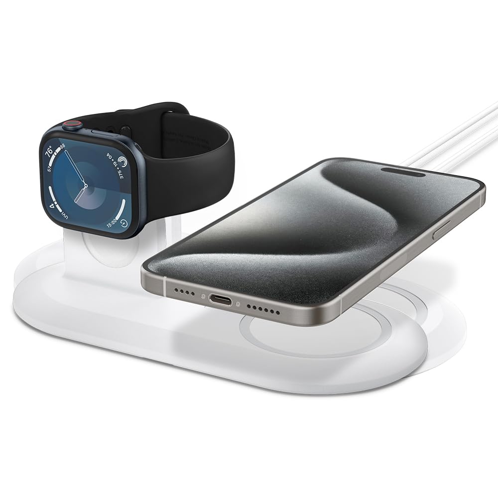 Spigen Mag Fit Duo - Magsafe Charger Stand for iPhone 16/15/14/13/12, Apple Watch Stand for All Series, AirPods Charging Pad - White | 3-in-1 Wireless Charging Station for Home, Office & Nightstand
