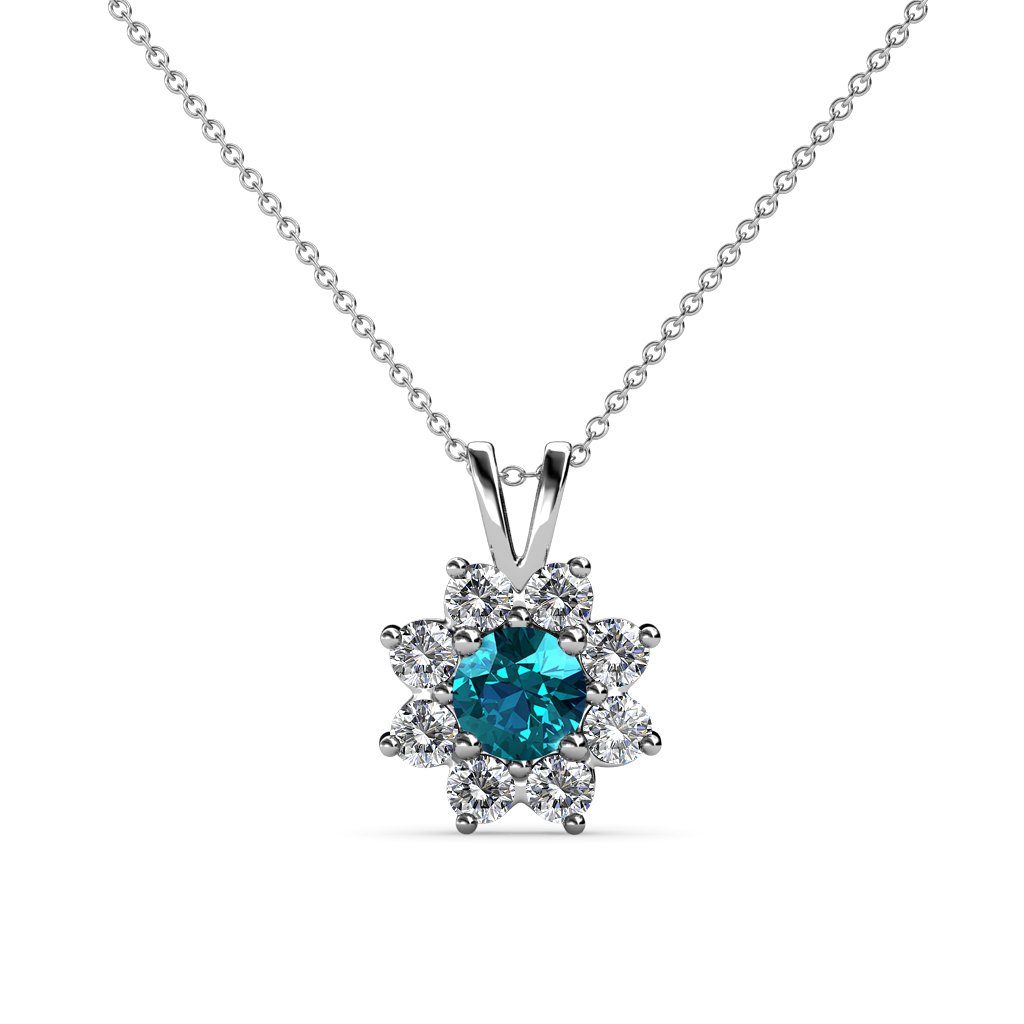 TriJewels 14K Gold London Blue Topaz Floral Halo Pendant Necklace for Women - 1/2 ctw Round Diamond Accents, 18 Inch Chain - Perfect for Weddings, Anniversaries & Special Occasions