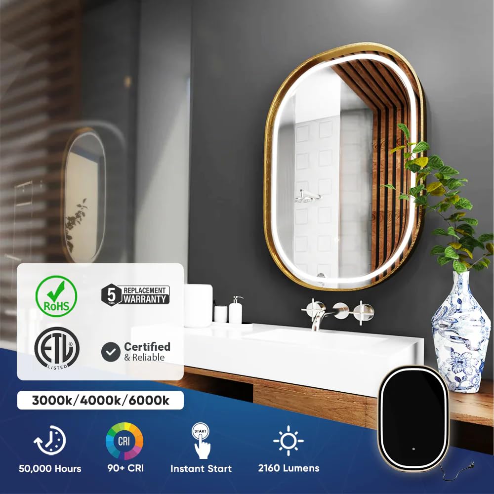 LEDMyplace 24 x 36 Inch Gold Framed LED Bathroom Mirror - 3000K/4000K/6000K Adjustable CCT, Touch Switch, CRI 90+, 2160 Lumens - Perfect Makeup Vanity Mirror for Bathroom, Dressing Room & Bedroom