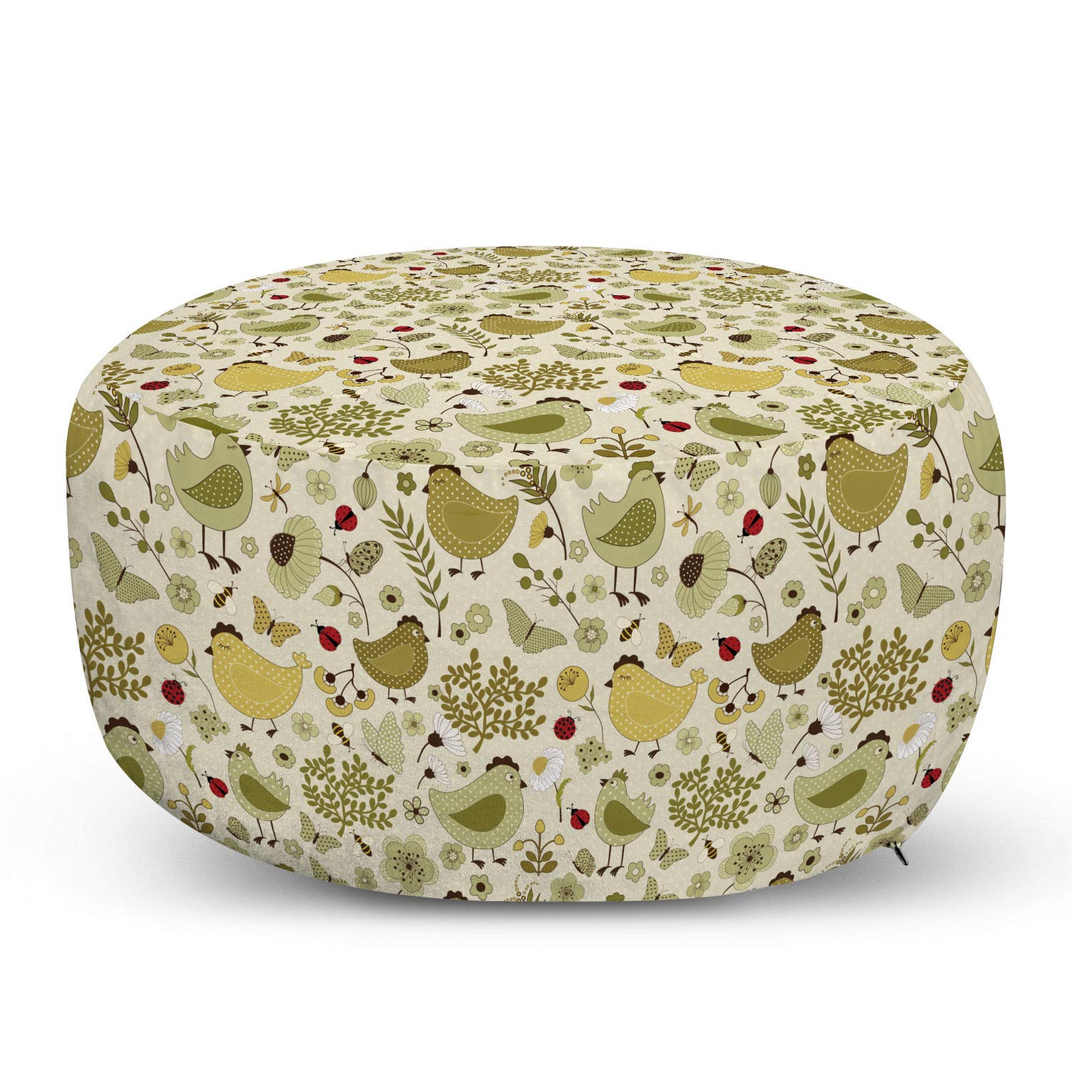 Ambesonne Spring Ottoman Pouf with Chicken, Ladybug & Bees Nature Design on Polka Dot Background - Soft Decorative Foot Rest with Removable Cover for Living Room & Bedroom - Green Khaki - Perfect for Relaxing, Reading & Adding Boho Style to Your Home Decor