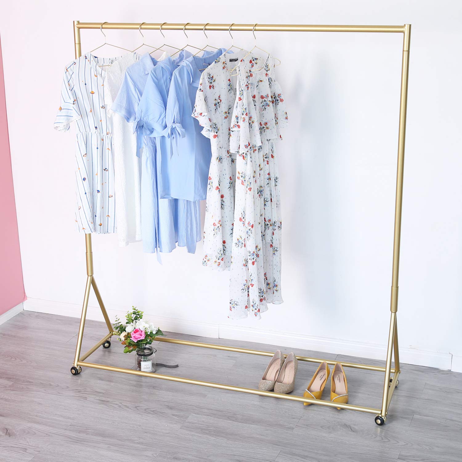 Gold Rolling Clothing Rack with Wheels - 59 Inch Modern Garment Rack for Boutique Display & Retail Store Use | Perfect for Clothing Stores, Home Closet Organization & Fashion Showrooms