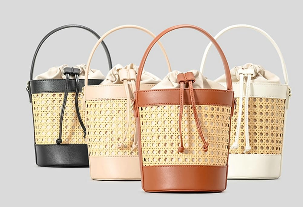 Stylish Woven Rattan Bucket Bag for Women - Perforated PU Leather Summer Handbag with Top Handle & Drawstring Closure | Perfect for Beach, Shopping, and Casual Outings