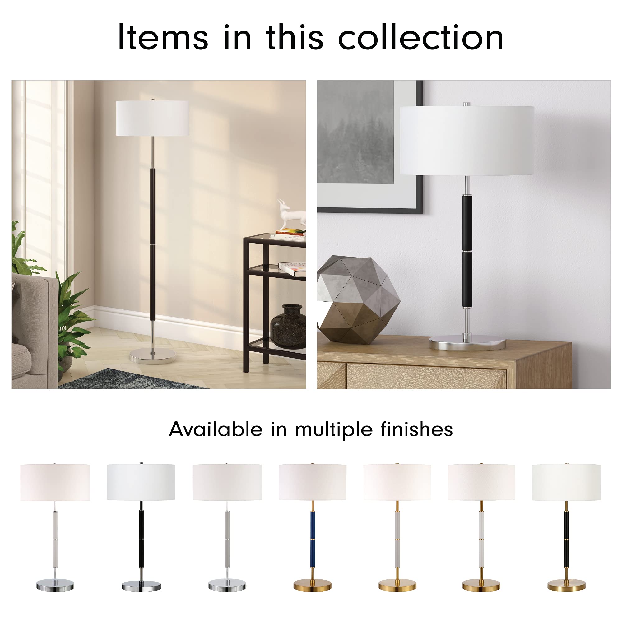 Henn&Hart 2-Light Modern Floor Lamp with Fabric Shade - Matte Black/Polished Nickel/White Finish - Adjustable Standing Lamp for Home Office, Bedroom & Living Room - Perfect for Reading, Working & Ambient Lighting