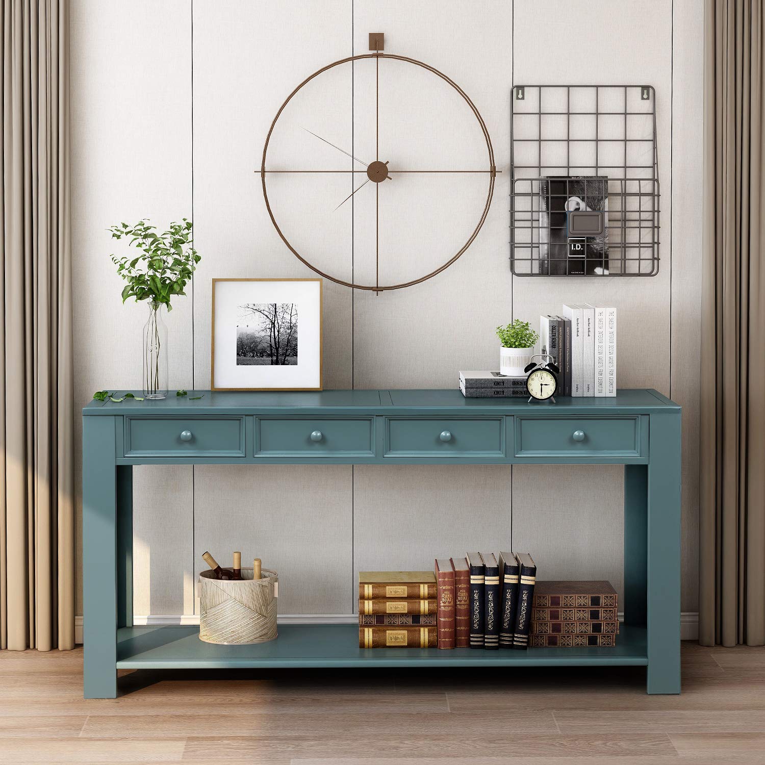 Merax Retro Blue Modern Wood Foyer Console Table with 2 Drawers & Bottom Shelf - Entryway Hallway Sofa Table - Perfect for Small Spaces, Living Room Decor & Apartment Entryways