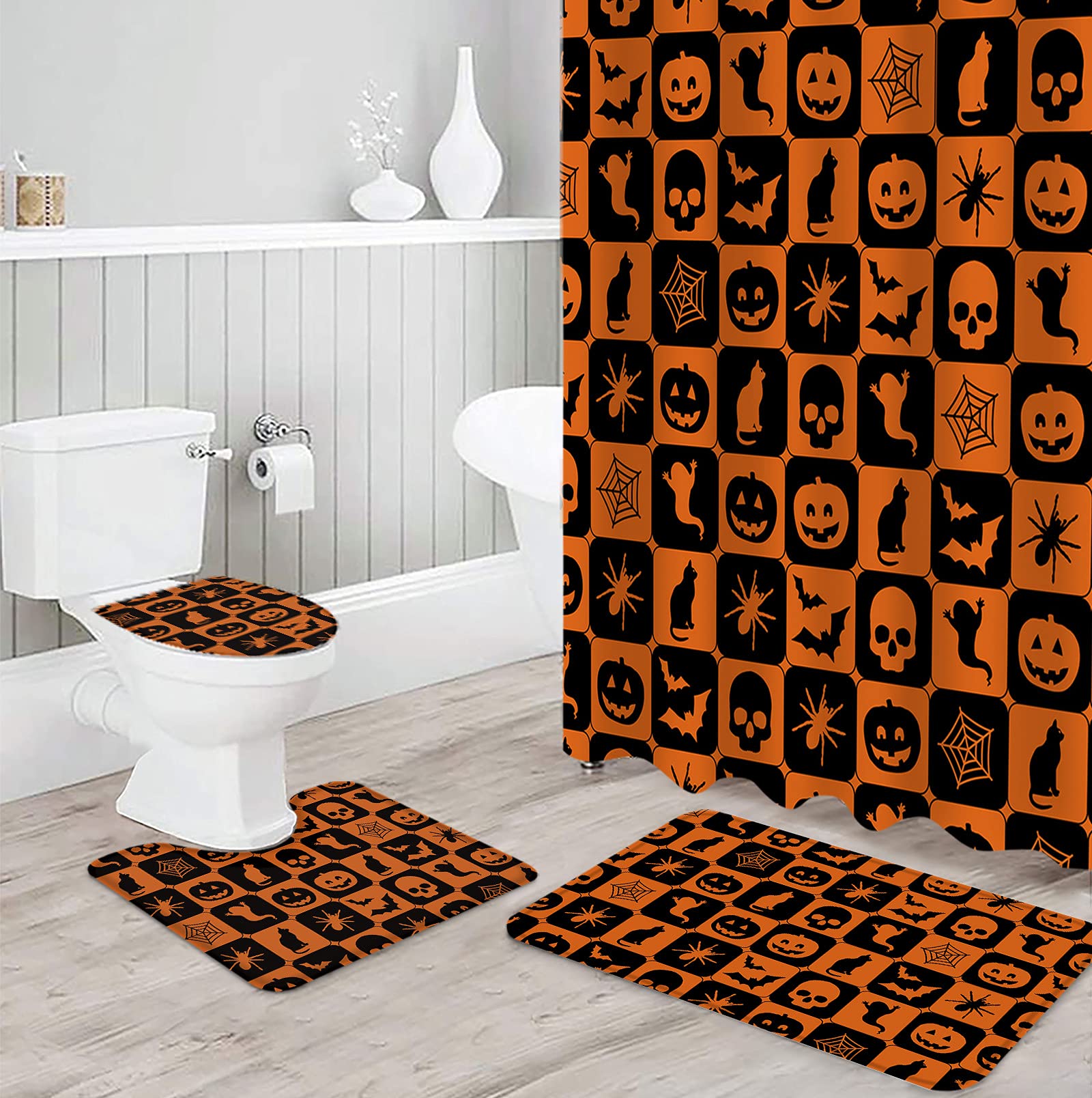 Halloween Pumpkin Orange Buffalo Plaid Shower Curtain Set - 4 Piece Waterproof Bathroom Decor with Non-Slip Bath Rugs, Scary Black Spiders & Bat Ghost Theme - Perfect for Spooky Bathroom Makeover, Haunted House Parties, and Halloween Home Decor