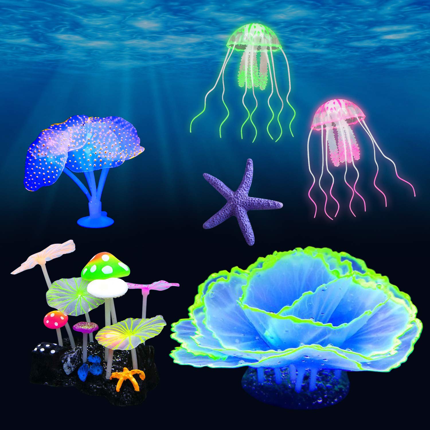Beisela 6 Pack LED Aquarium Decorations - Glow in The Dark Artificial Plants for Fish Tanks with Mushroom, Jellyfish, Coral & Starfish - Perfect for Home Aquariums, Fish Tank Decor & Nighttime Underwater Effects
