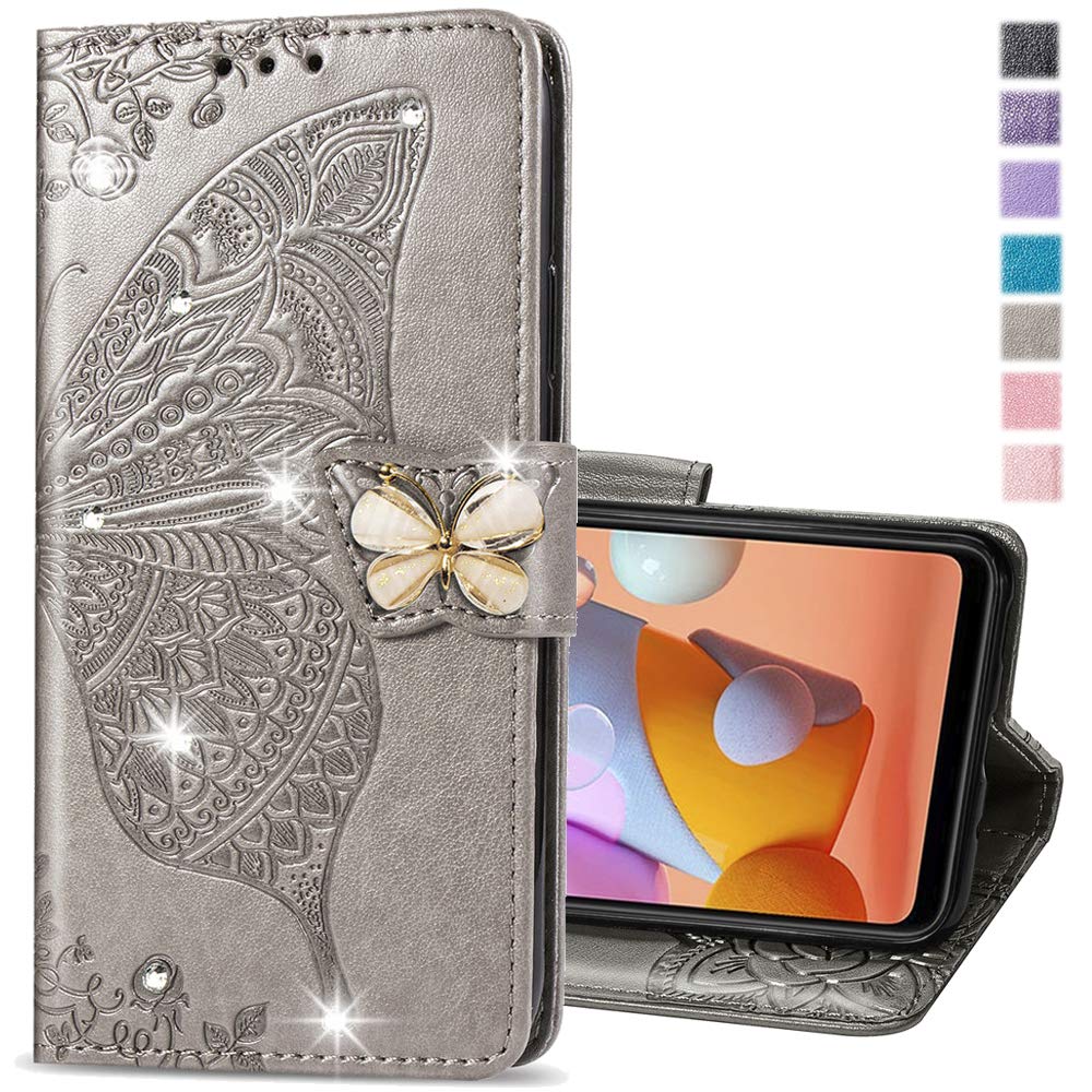 Shockproof Glitter Leather Flip Wallet Case for Motorola Moto Edge 5G - Diamond Butterfly Design with Card Holder & Stand Function (Crystal Grey) | Perfect for Daily Use, Travel & Business Meetings