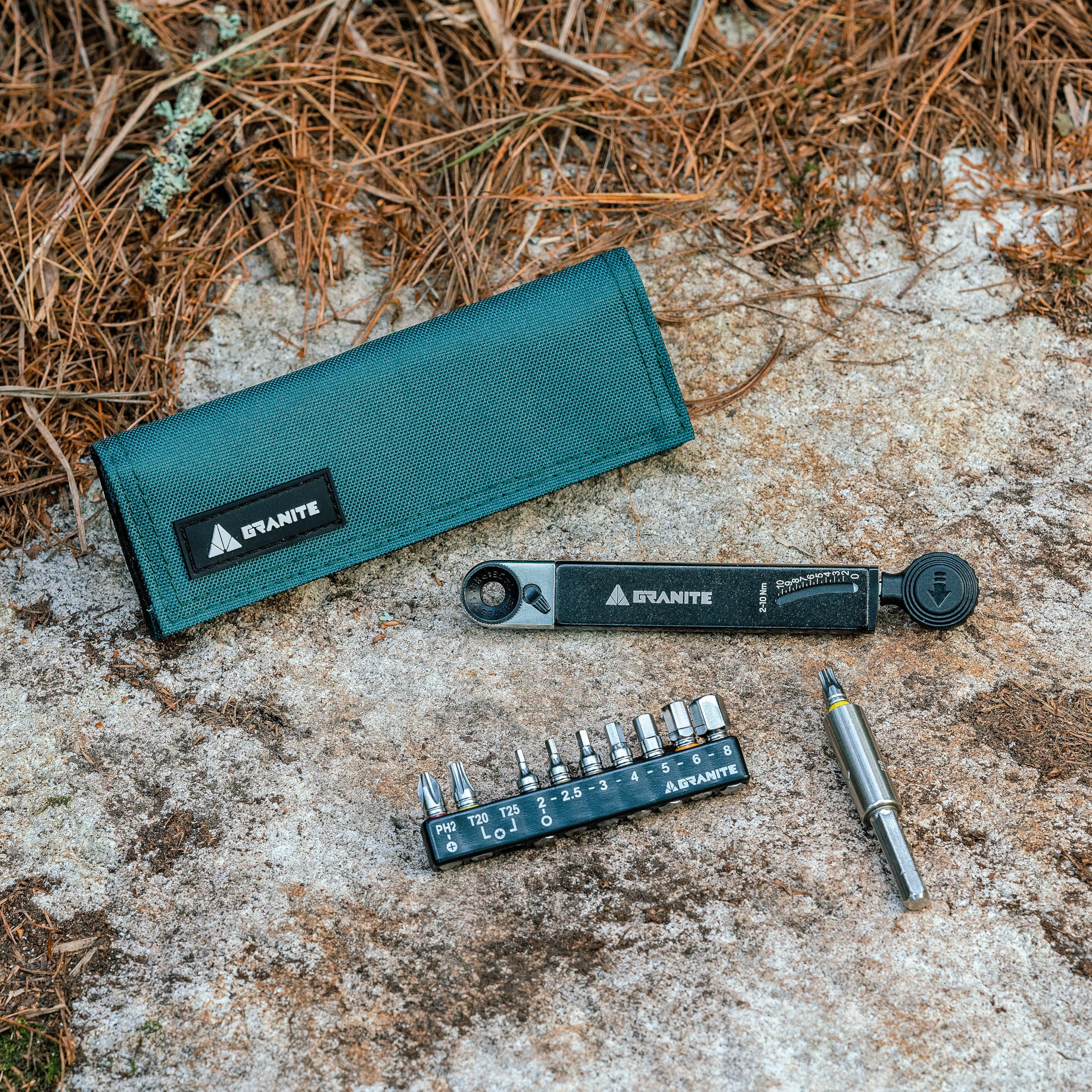 Granite Rocknroll TQ Torque Ratchet Bike Tool Kit - 10-in-1 Multitool with Extension Rod for Mountain, Road & Gravel Bikes | Portable Cycling Repair Kit for On-the-Go Adjustments & Maintenance (Green)