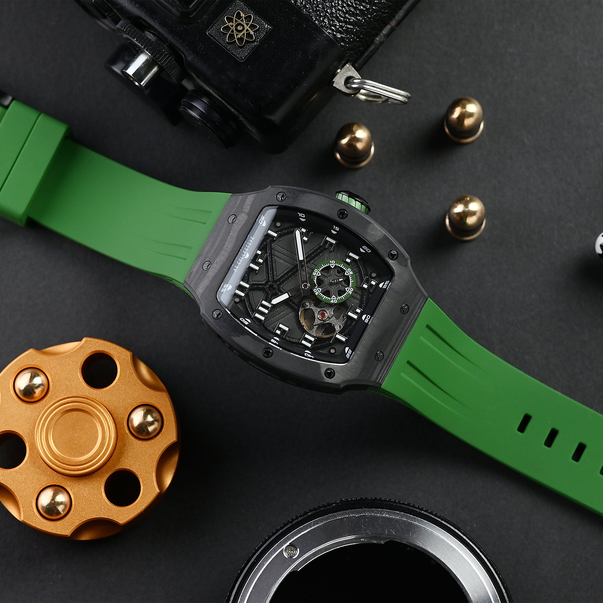 AG Collective Men's Watch with Black Dial & Green Silicone Strap - Model G 8047 BK BKGN - Perfect for Outdoor Activities, Sports & Casual Wear
