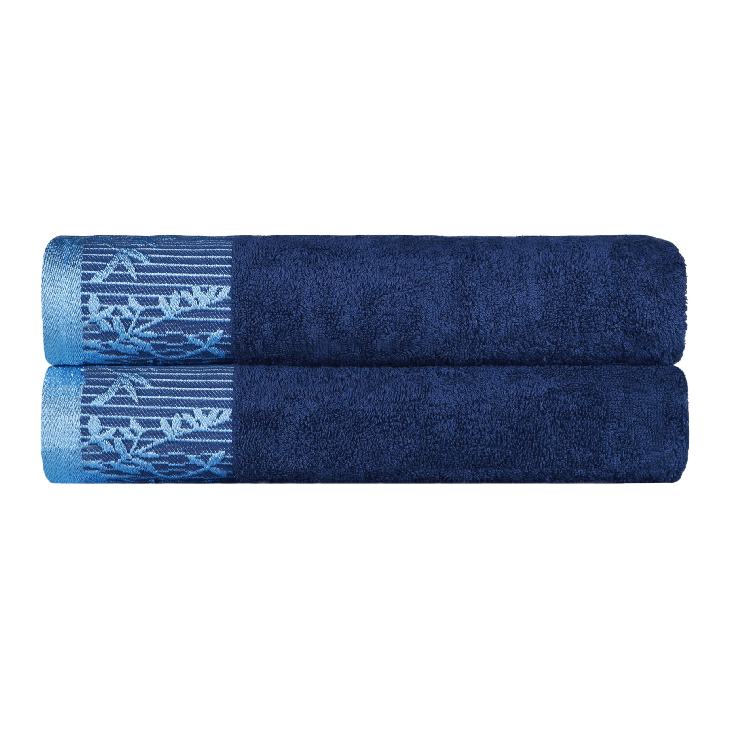 Premium Cotton Bath Towels Set of 2 - Soft Floral Jacquard Dobby Border Bathroom Towels for Adults & Kids | Luxury Spa, Hotel & Home Essentials | Wisteria Collection in Navy Blue - Perfect for Bath, Beach & Airbnb Stays