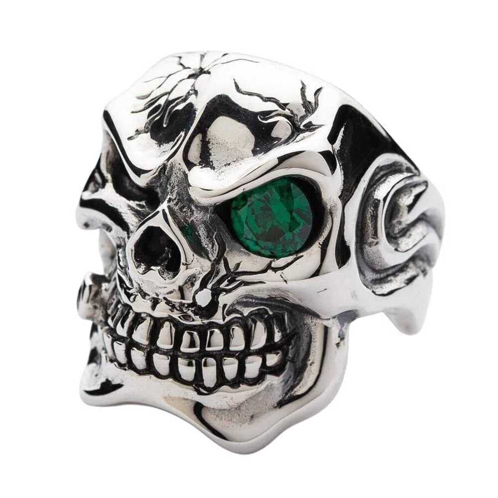 Bikerringshop 925 Sterling Silver Men's Skull Ring with Emerald Eyes - Gothic Jewelry for Bikers, Rockers & Punk Fashion Lovers