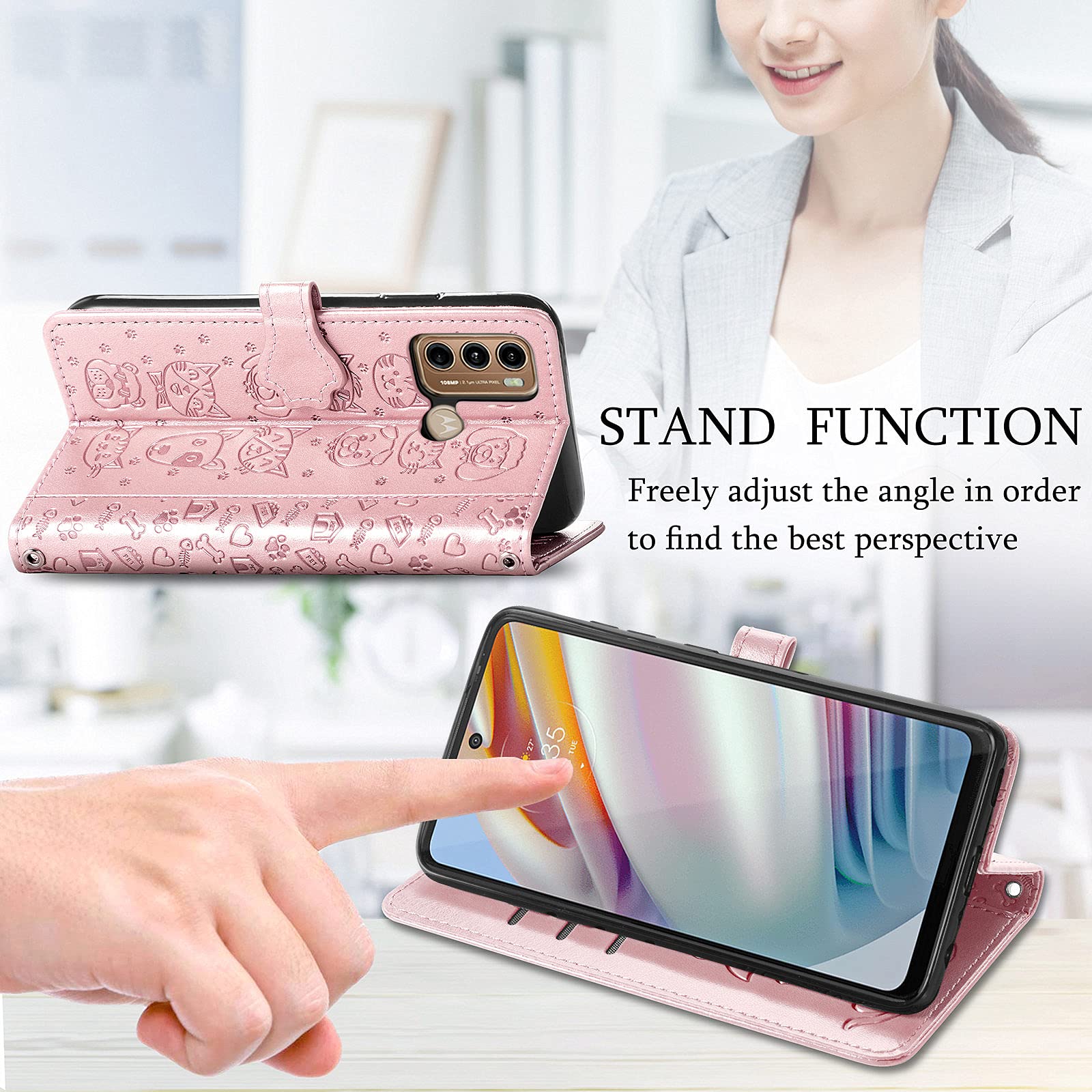 Cute Cartoon Wallet Case for Motorola Moto G60 - Cat & Dog Style Flip Phone Cover with ID Card Holder, PU Leather Protective Case (Rose Gold) - Perfect for Daily Use, Travel, and Work
