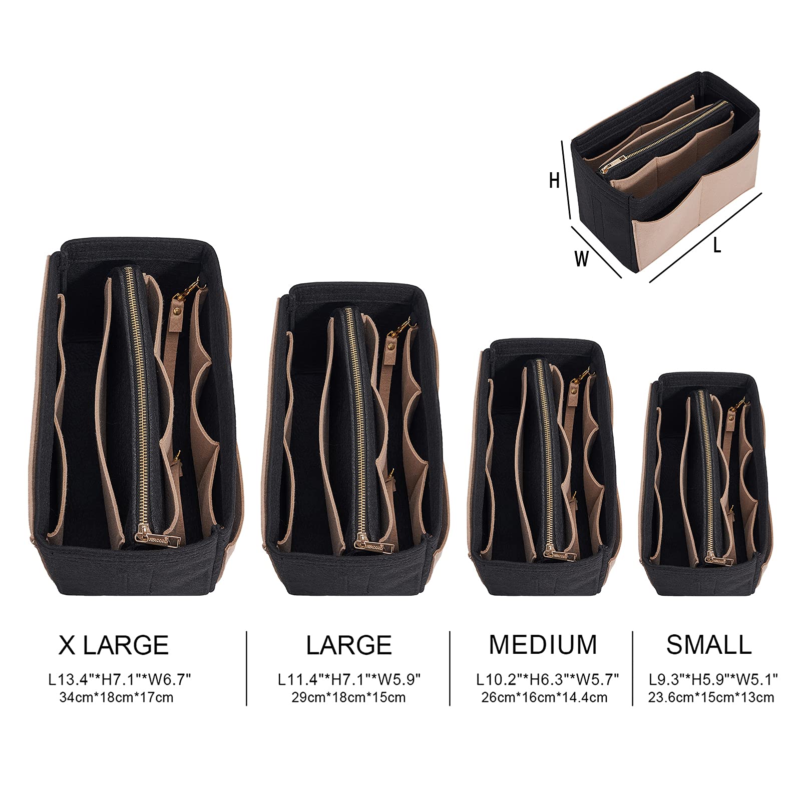 Vercord Felt Purse Organizer Insert for Handbags & Tote Bags - Neo Black & Beige X-Large - Perfect for Organizing Makeup, Wallet, and Essentials in Your Bag