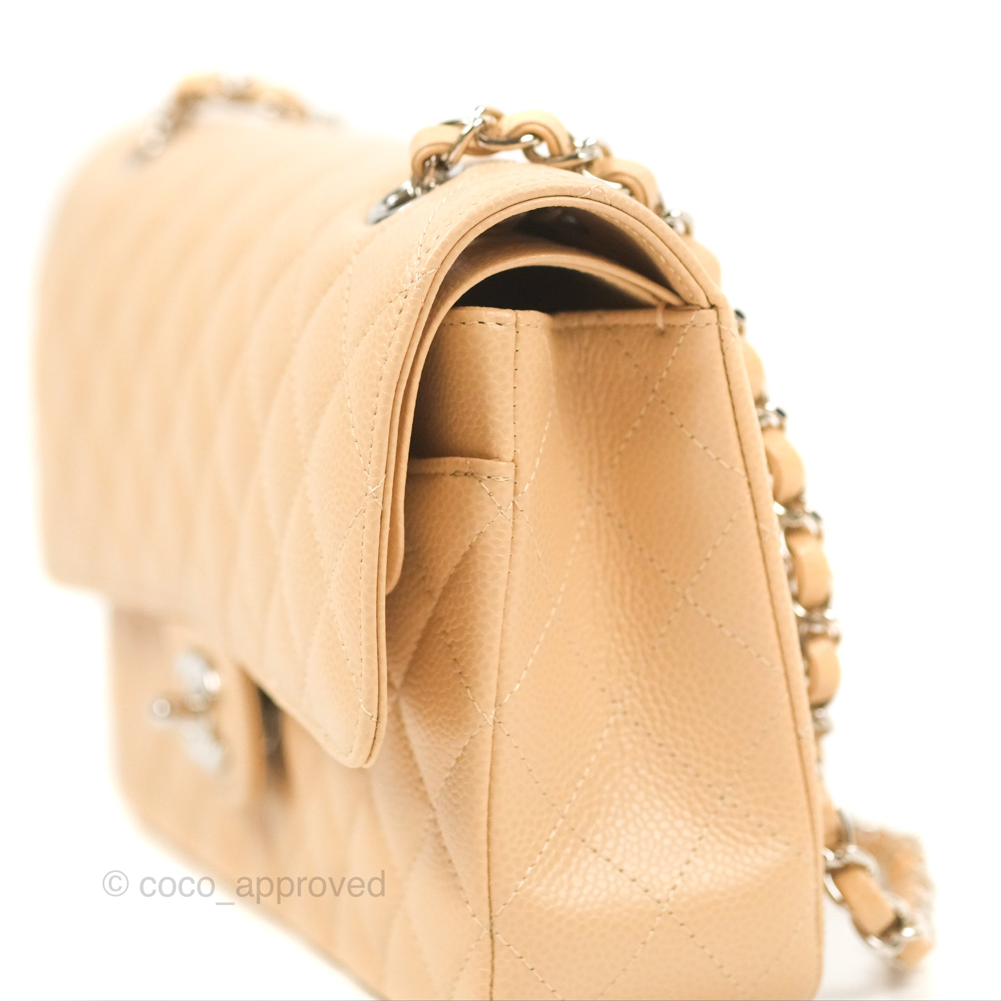 Chanel Classic Medium Double Flap Bag Quilted Beige Caviar Leather with Silver Hardware - Luxury Designer Handbag for Women, Perfect for Work, Evening & Special Occasions