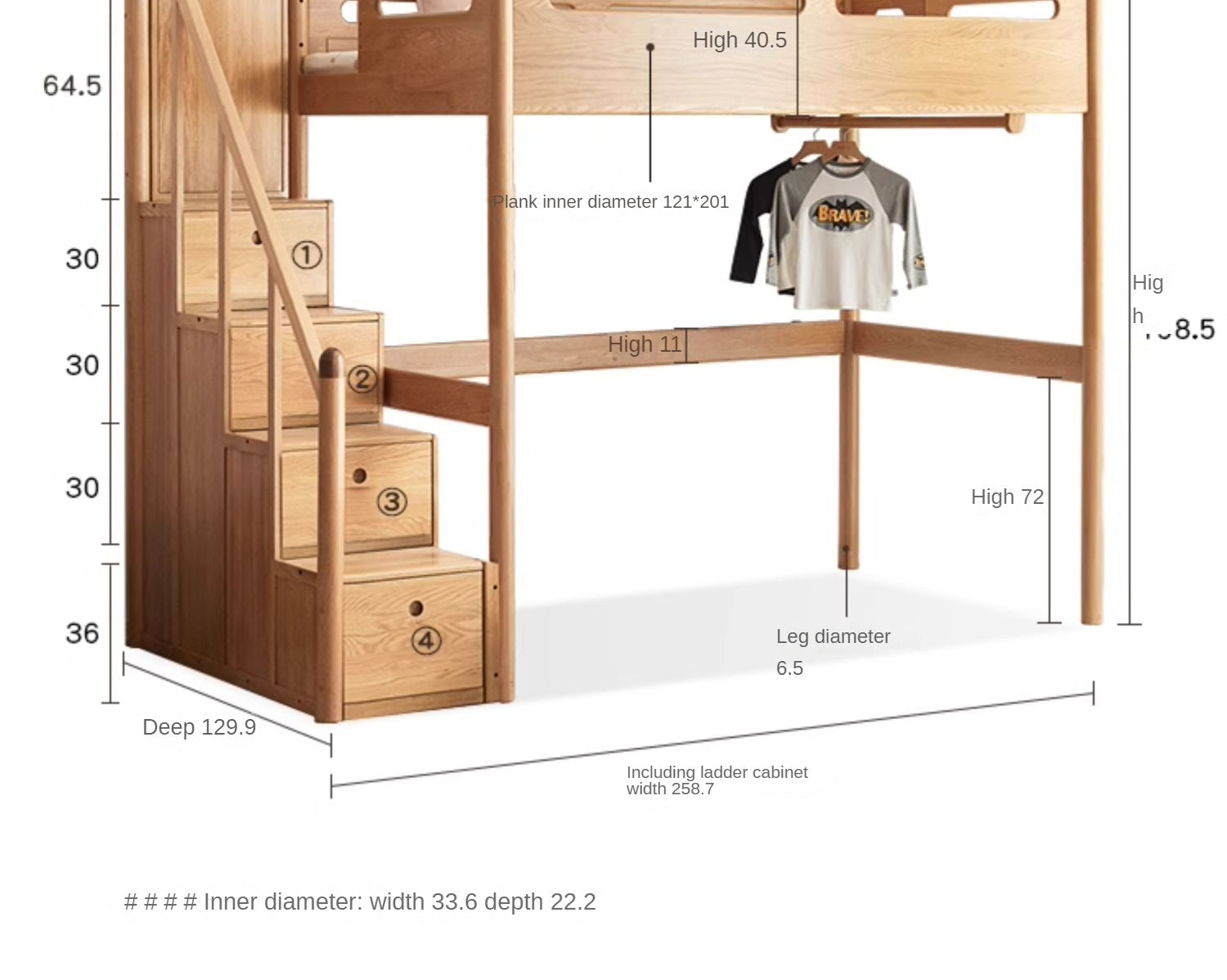 Solid Oak Wood Loft Bed with Storage Cabinet - Space-Saving Furniture for Small Rooms, Kids Bedroom & Dormitory