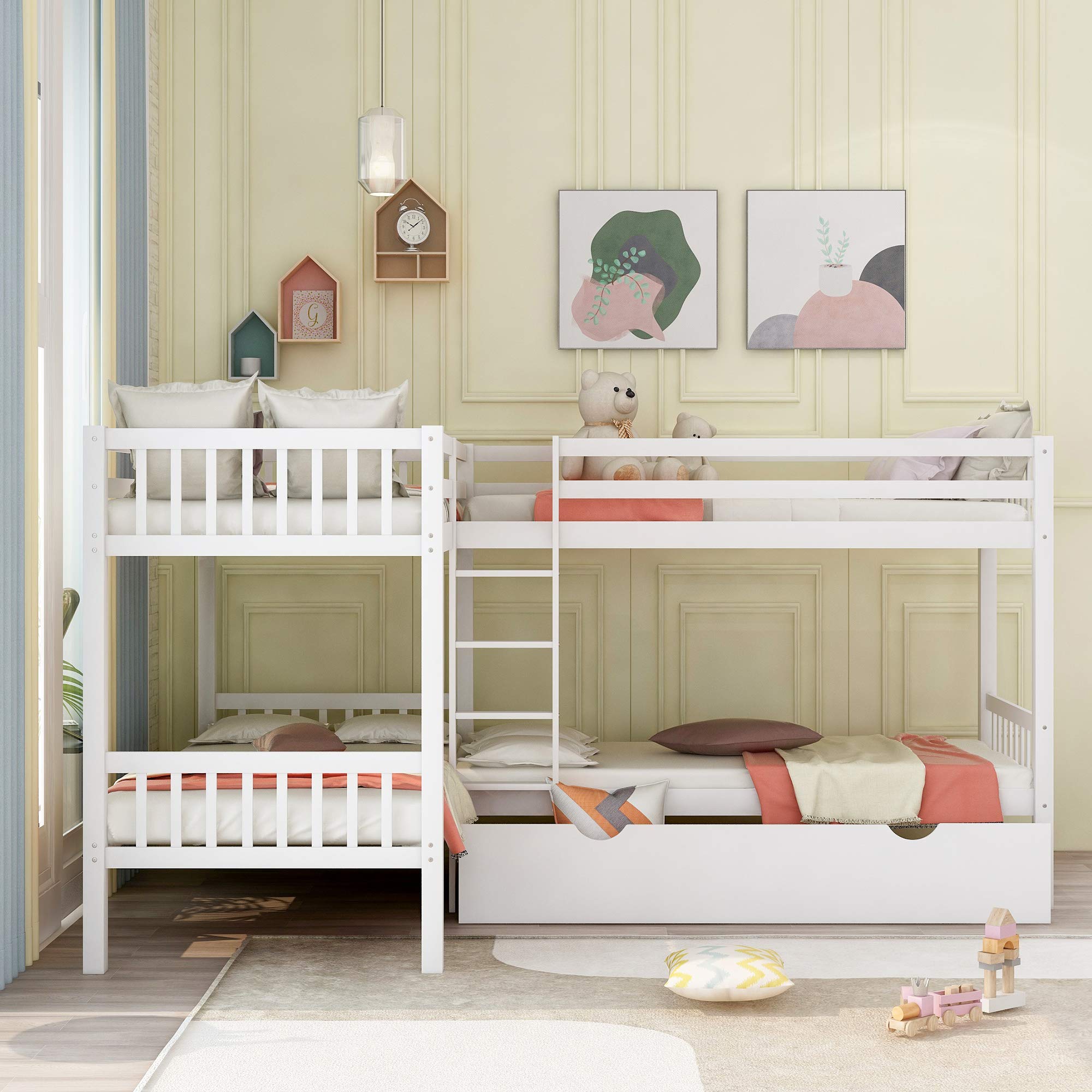 Solid Wood L-Shaped Twin Over Twin Bunk Beds for 4 with Storage Drawers - Space-Saving Triple Bunk Bed for Kids, Teens & Adults (White) | Perfect for Small Bedrooms, Guest Rooms & Vacation Homes