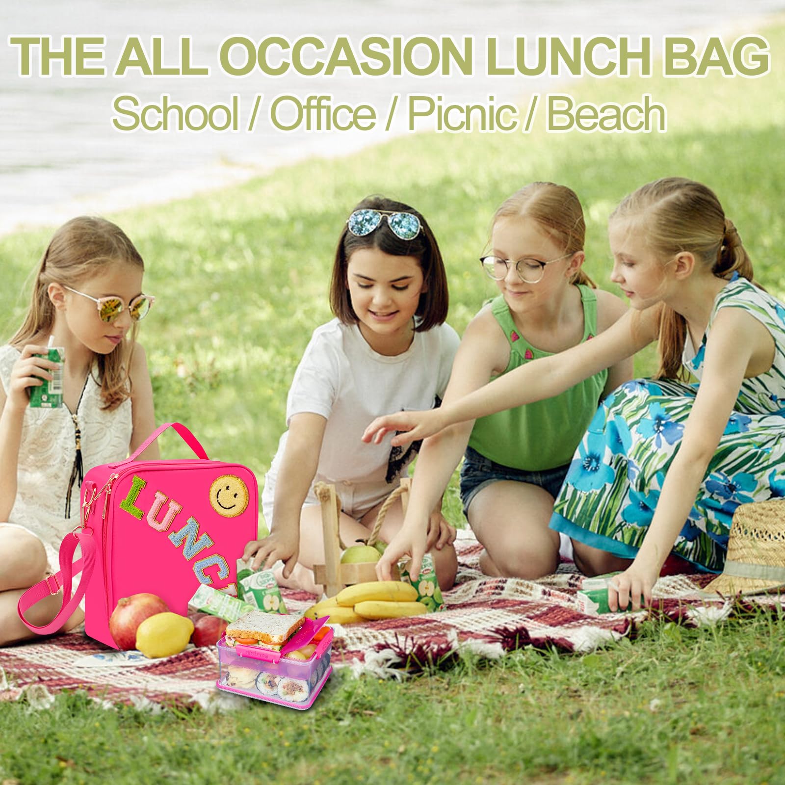 Insulated Lunch Bag with Adjustable Shoulder Strap - Large Reusable Nylon Lunch Tote for Women & Girls - Perfect for School, Work, Travel & Picnic - Smiley Preppy Design (Rosy Red)