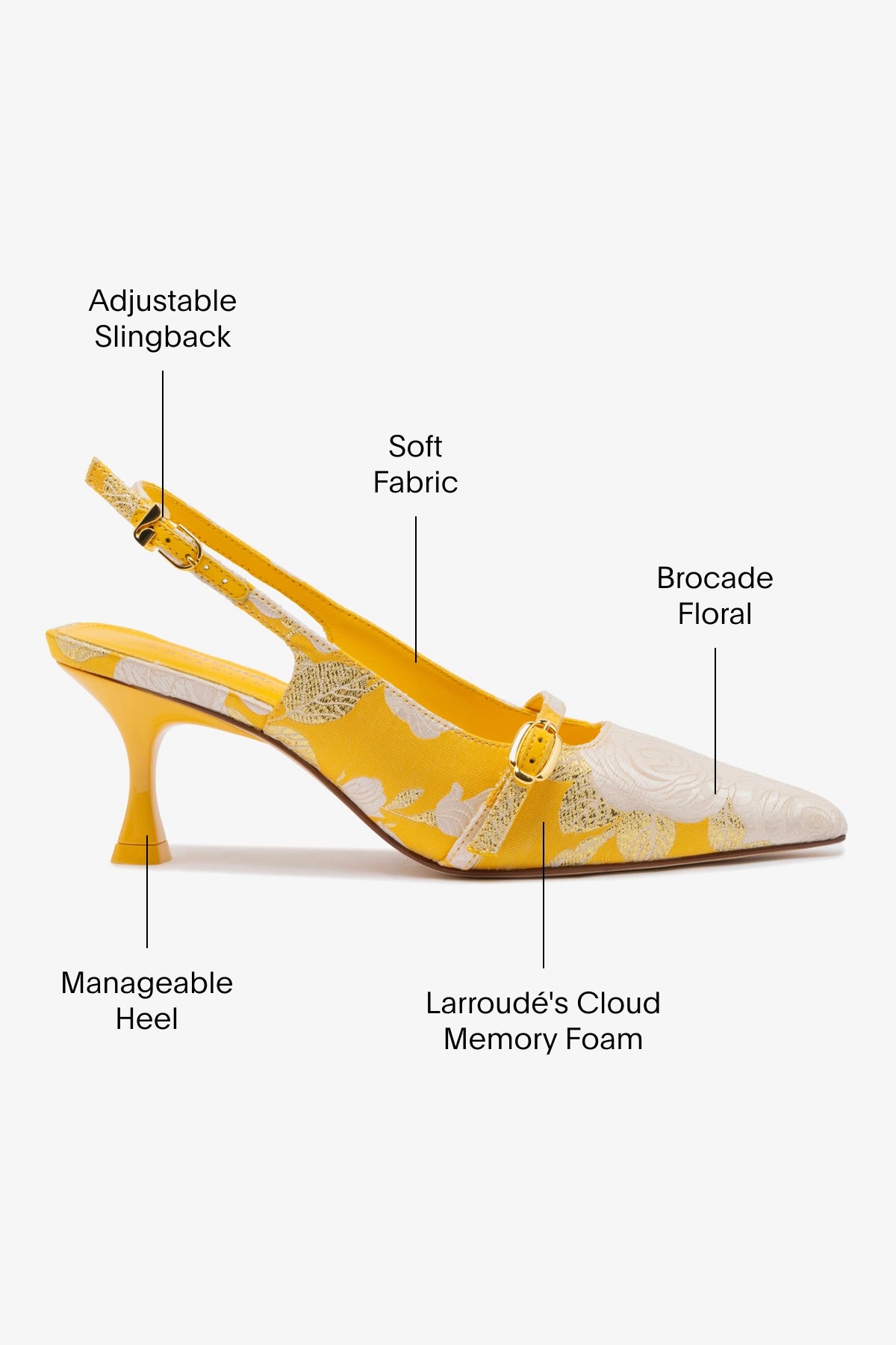 Larroudé x Markarian Ines Pump - Yellow Floral Brocade Heels for Women | Elegant Wedding, Party & Special Occasion Shoes