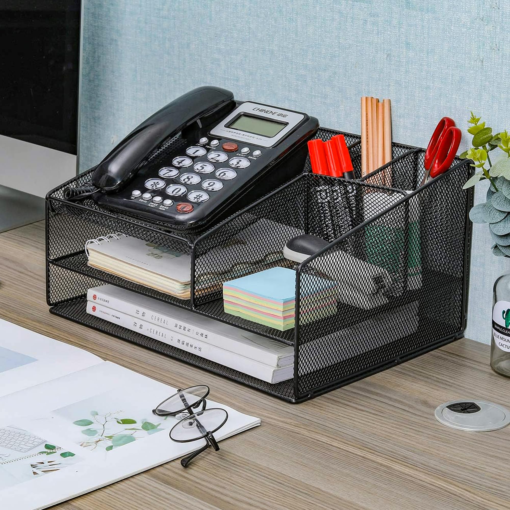 Black Desk Organizer with Phone Stand & Letter Tray - Office Supplies Holder for Pens, Pencils & Mobile Devices | Perfect for Office, School & Home Workspace Organization