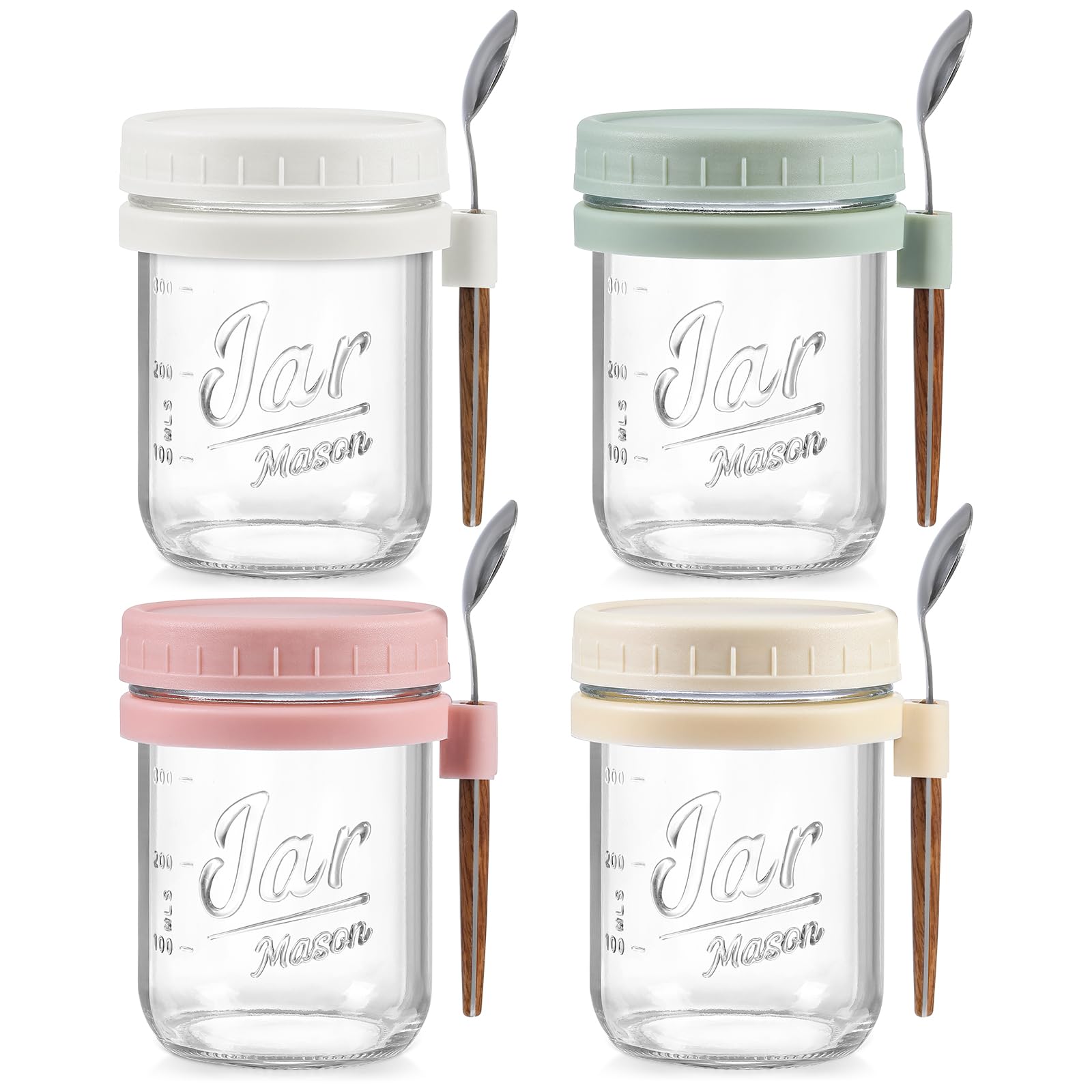 LANDNEOO 4 Pack 16 oz Glass Mason Jars with Airtight Lids & Spoons - Reusable Overnight Oats Containers for Milk, Cereal, Yogurt & Fruit - Perfect for Meal Prep, Breakfast, Office Lunch & Healthy Snacks