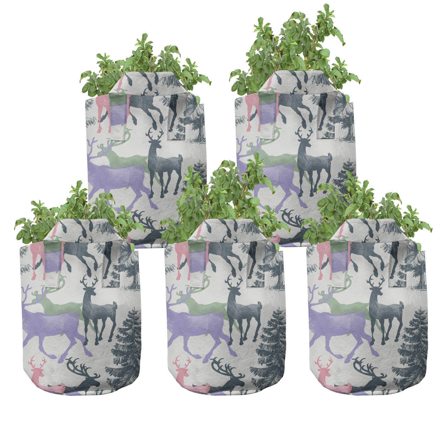 Ambesonne 5-Pack 7 Gallon Heavy Duty Fabric Grow Bags with Handles - Deer & Pine Trees Winter Season Design for Plants, Flowers & Vegetables - Perfect for Indoor Gardening, Outdoor Planting & Container Gardening