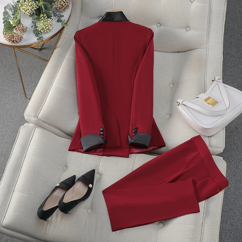 Elegant Women's Autumn Work Blazer Suit Set - Black & Red Patchwork Double Breasted Coat with High Waist Pants for Office Ladies | Professional Outfit for Business Meetings & Formal Occasions