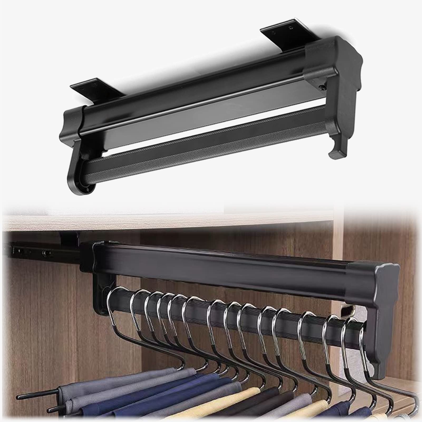 Pull-Out Closet Valet Rod - Black Extendable Wardrobe Hanger for Clothes & Pants | Retractable Double Ball Sliding Rail with 30kg Weight Capacity | Perfect for Closet Organization, Bedroom Storage & Space-Saving Solutions