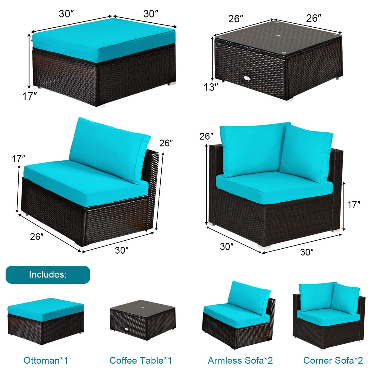 **Tangkula 6-Piece Patio Furniture Set - Durable Steel Frame & PE Rattan Wicker Outdoor Sectional Sofa with Coffee Table - Turquoise - Perfect for Backyard, Deck, Lawn, and Garden Relaxation**