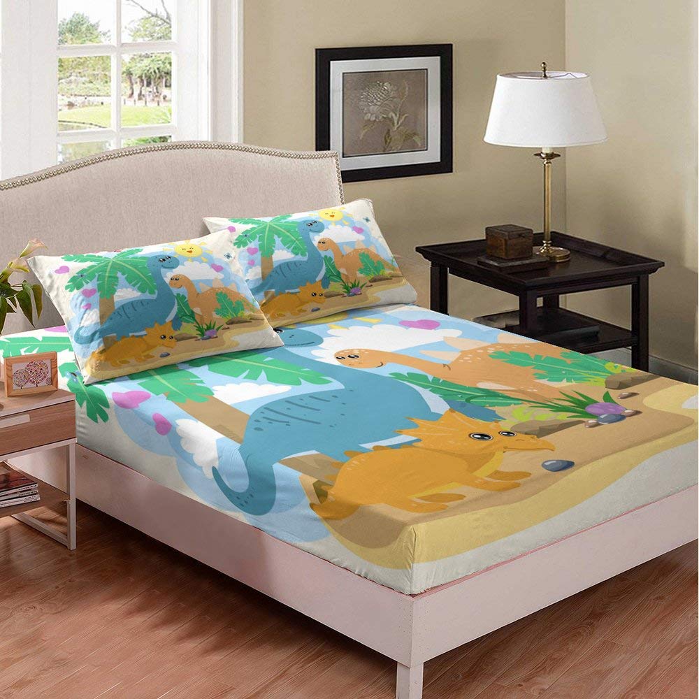 Dinosaurs Cartoon Bedding Set for Kids - 3 Piece Duvet Cover with Fitted Sheet & Pillowcases - Cute Dino Print Full Size Deep Pocket Bed Sheets - Perfect for Boys & Girls Bedroom Decor