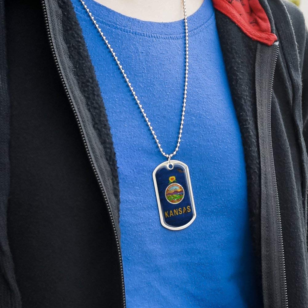 Vintage Kansas State Flag Dog Tag Necklace - Distressed USA Military Style Pendant with Chain - Perfect for Patriotic Gifts & College Game Day Accessories