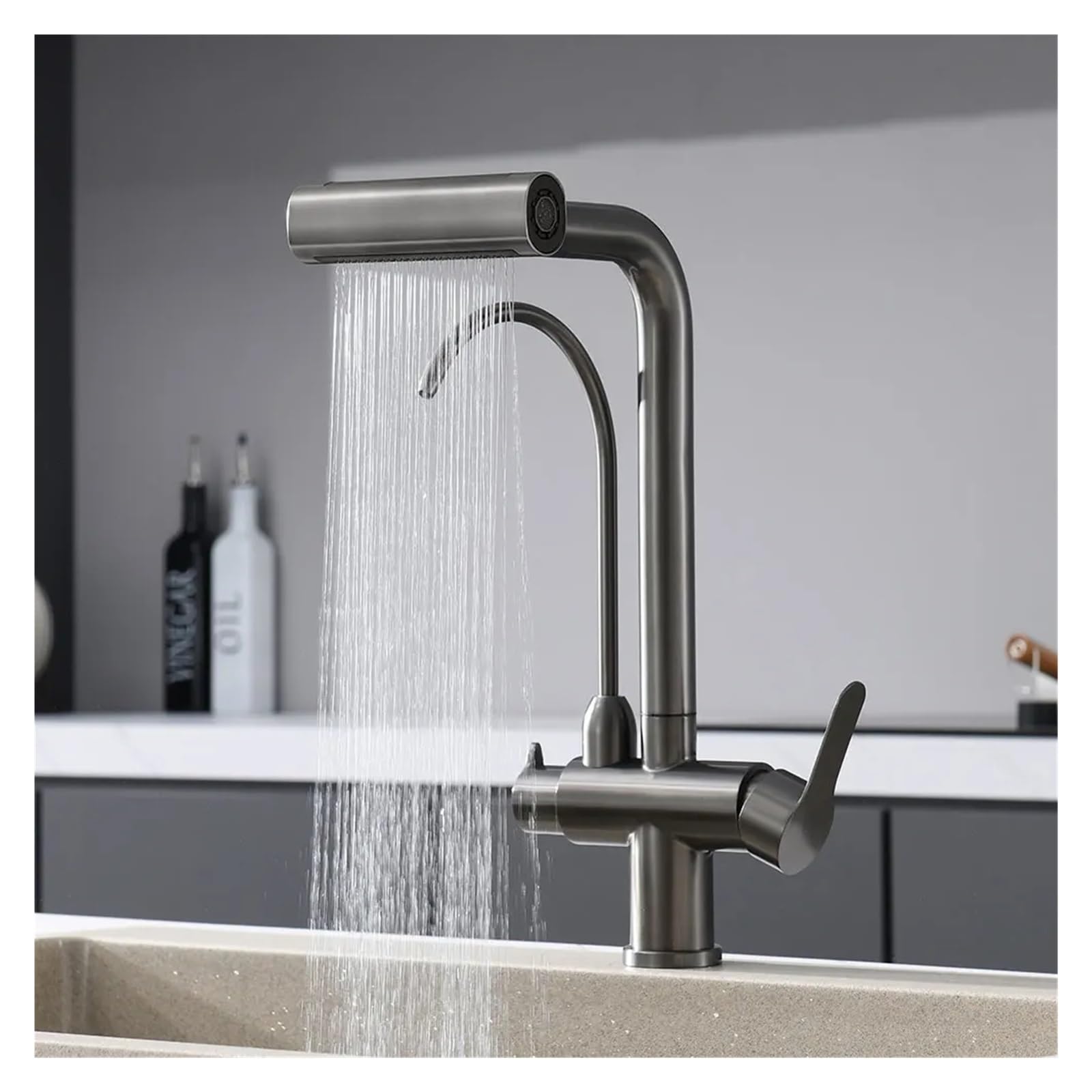 Waterfall Kitchen Faucet with 4 Spray Modes - Hot & Cold Water Mixer Tap with 360° Rotation Sprayer for Modern Sink - Perfect for Washing Dishes, Filling Pots & Cleaning Vegetables