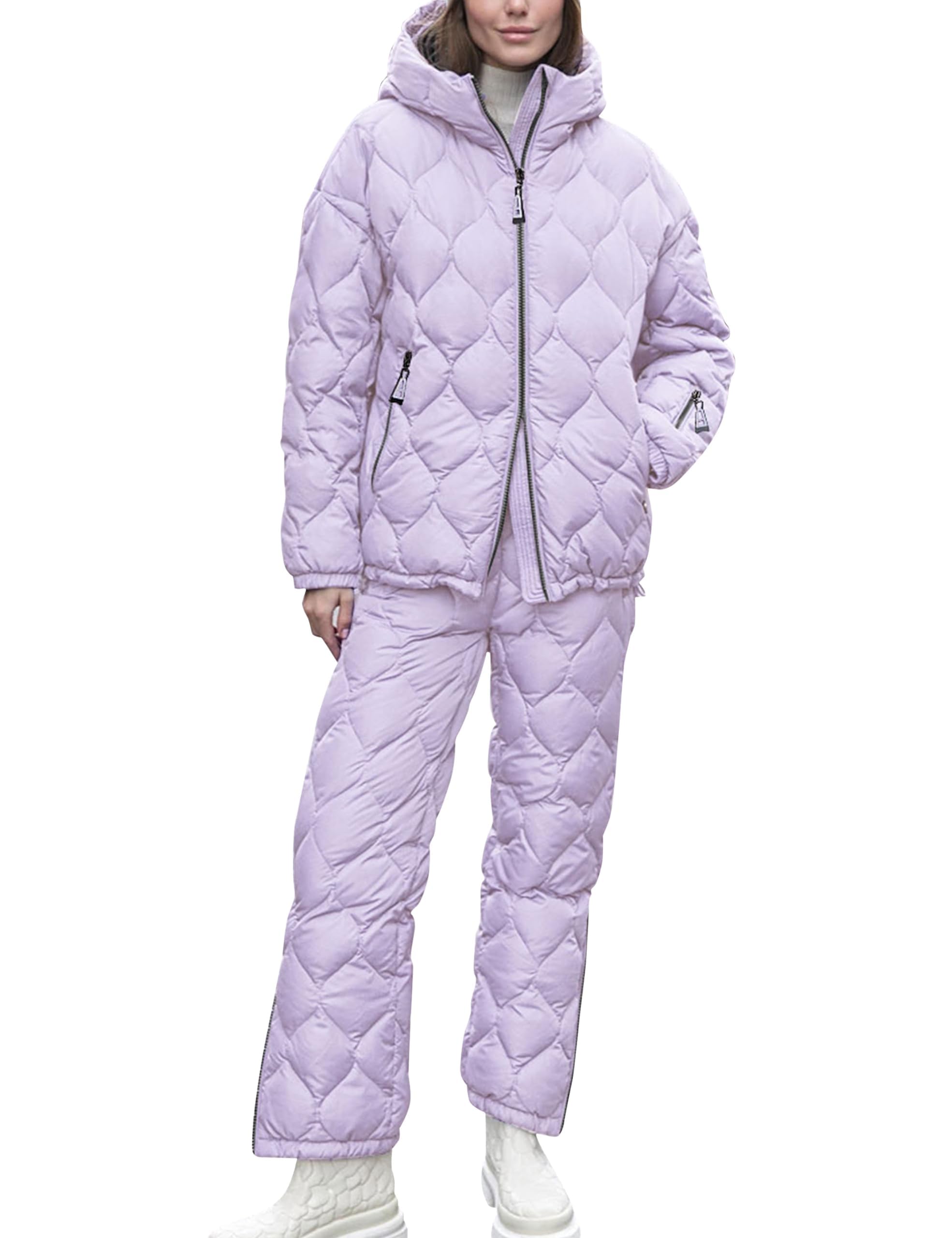Women's 2-Piece Snow Suit Set - Quilted Waterproof Ski Jacket & Padded Jogger Pants with Hood for Winter Sports | Warm Puffer Coat Outfit for Skiing, Snowboarding & Cold Weather Activities