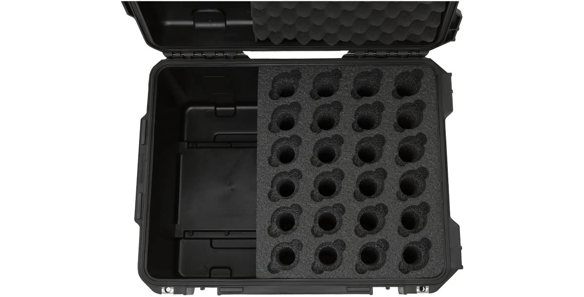 SKB Injection Molded Microphone Case with Foam Insert - Holds 24 Mics, Storage Compartment & Wheels - Perfect for Studio, Live Performances & Equipment Transport
