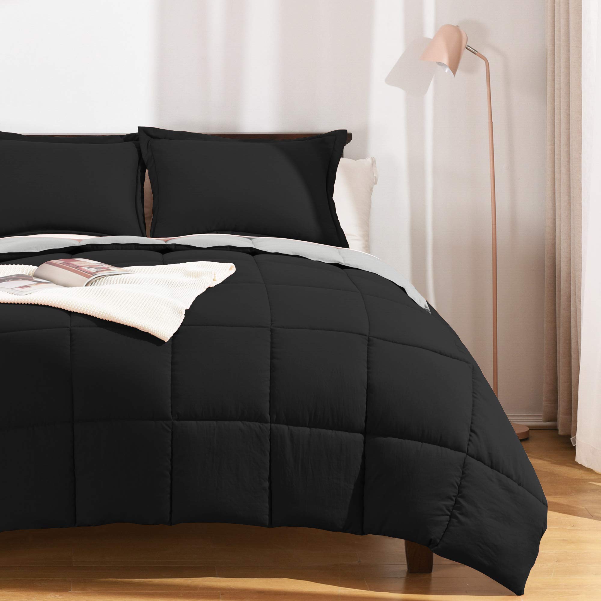Premium Twin Size Comforter Set - Soft Washed Microfiber Reversible Black & Grey All-Season Bedding - 2 Piece Set (Comforter + Pillow Sham) for Cozy Bedroom Decor & Guest Room Essentials