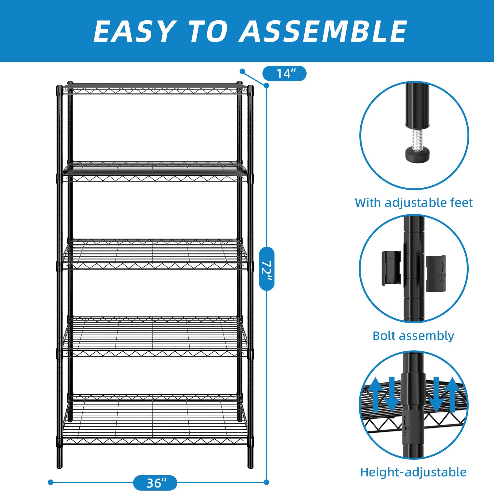 5-Shelf Adjustable Metal Wire Storage Rack - Heavy Duty Shelving Unit for Home & Office - 36