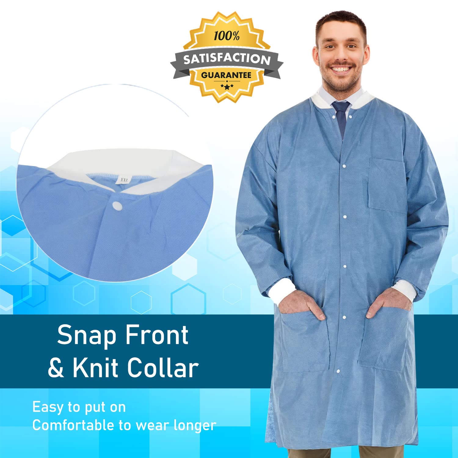 EOM Disposable Lab Coats for Men & Women - Knee-Length Medical Lab Jackets with Knit Cuffs & Collar - Pack of 50 Medium Size - Perfect for Hospitals, Clinics & Laboratory Use