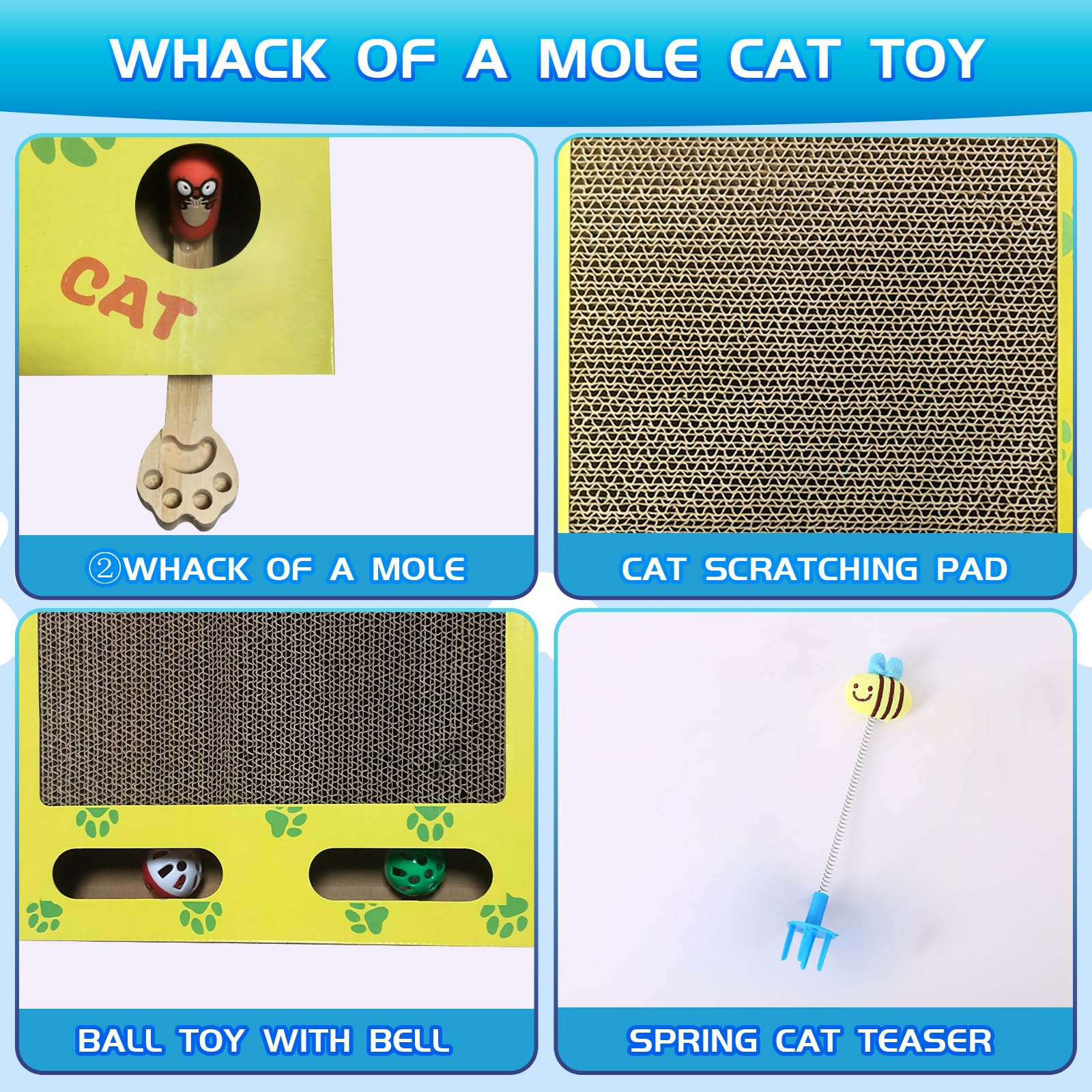 4-in-1 Interactive Cat Toy Box Set - Whack-A-Mole, Spring Toy, Scratching Board & Ball Toy for Indoor Cats - Mental Stimulation & Physical Exercise - Perfect for Playtime, Training & Bonding with Your Feline Friend