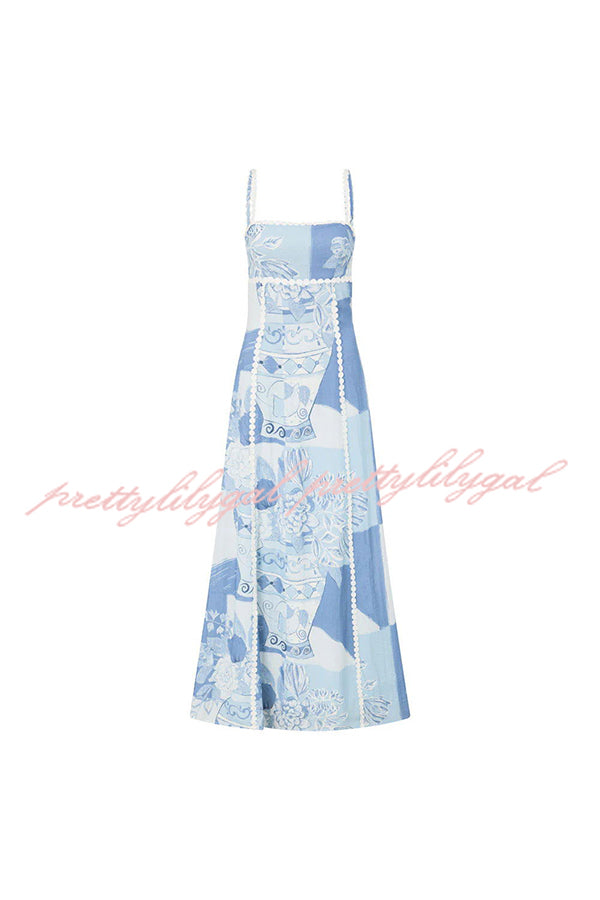 Terrazza Ric Rac Trims Unique Print Back Tie-Up Slip Flared Maxi Dress for Women | Summer Beach Wedding Party Outfit
