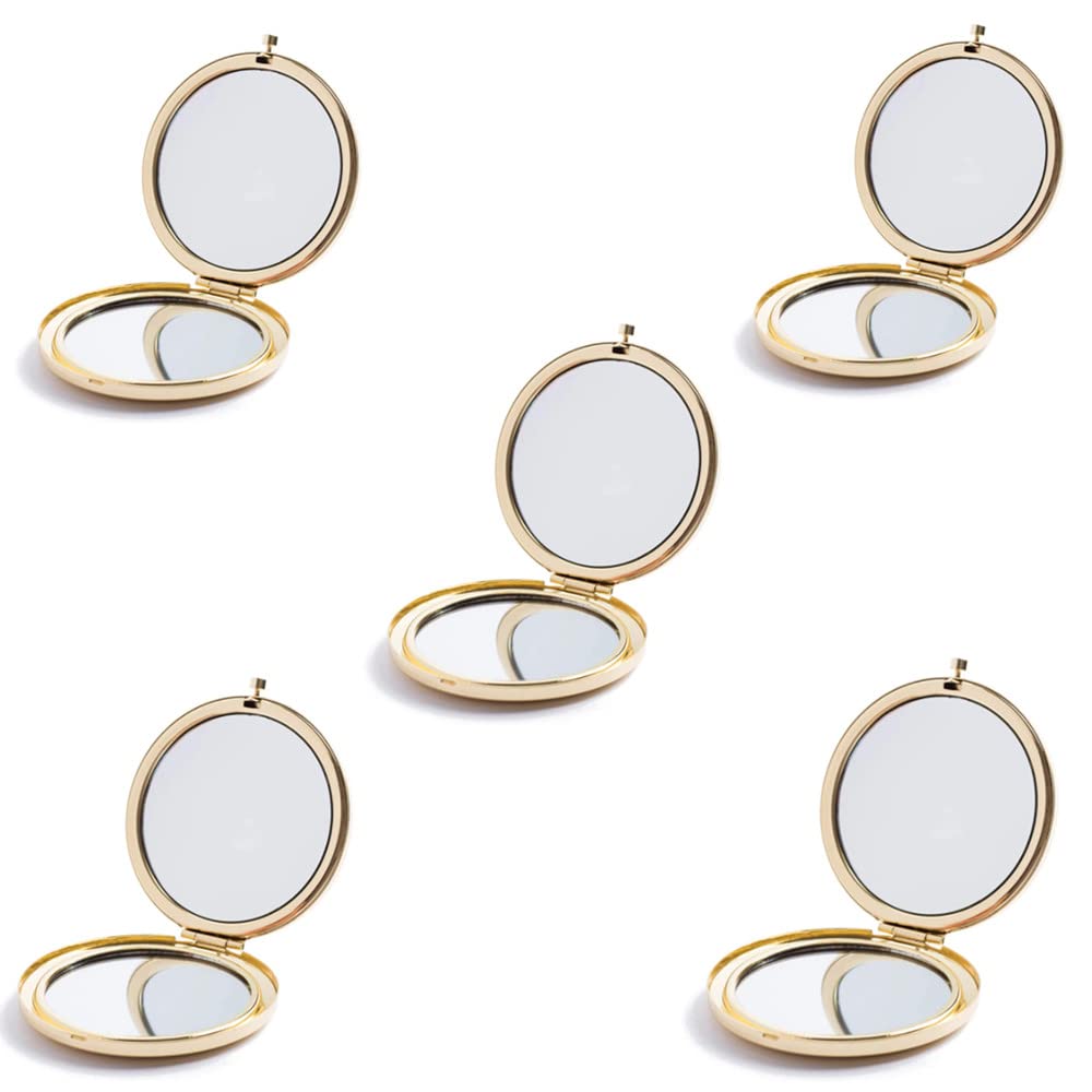 Mpowtech 5 Pack Gold Compact Mirror for Purse - 1x/2x Magnification Travel Makeup Mirror, Small Pocket Mirror with Magnifier, Handheld 2-Sided Portable Cosmetic Mirror for Women, Perfect Gift for Makeup Lovers - Ideal for Travel, Home, and Office Use