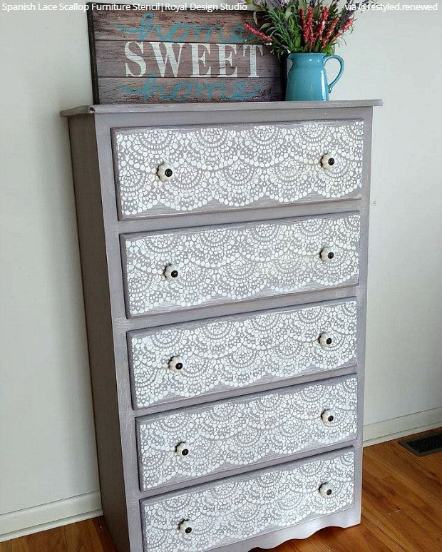 Spanish Lace Scallop Furniture Stencil - DIY Home Decor Stencils for Painting on Wood, Walls, Fabric - Perfect for Furniture Makeover, Wall Art, and Craft Projects