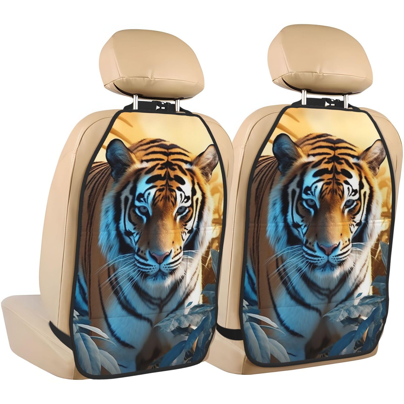 VTCTOASY 2 Pack Extra Large Waterproof Car Back Seat Protector with 3 Storage Pockets - Durable Kick Mat for Trucks & SUVs - African Wildlife Tiger Design - Perfect for Family Road Trips & Pet Protection