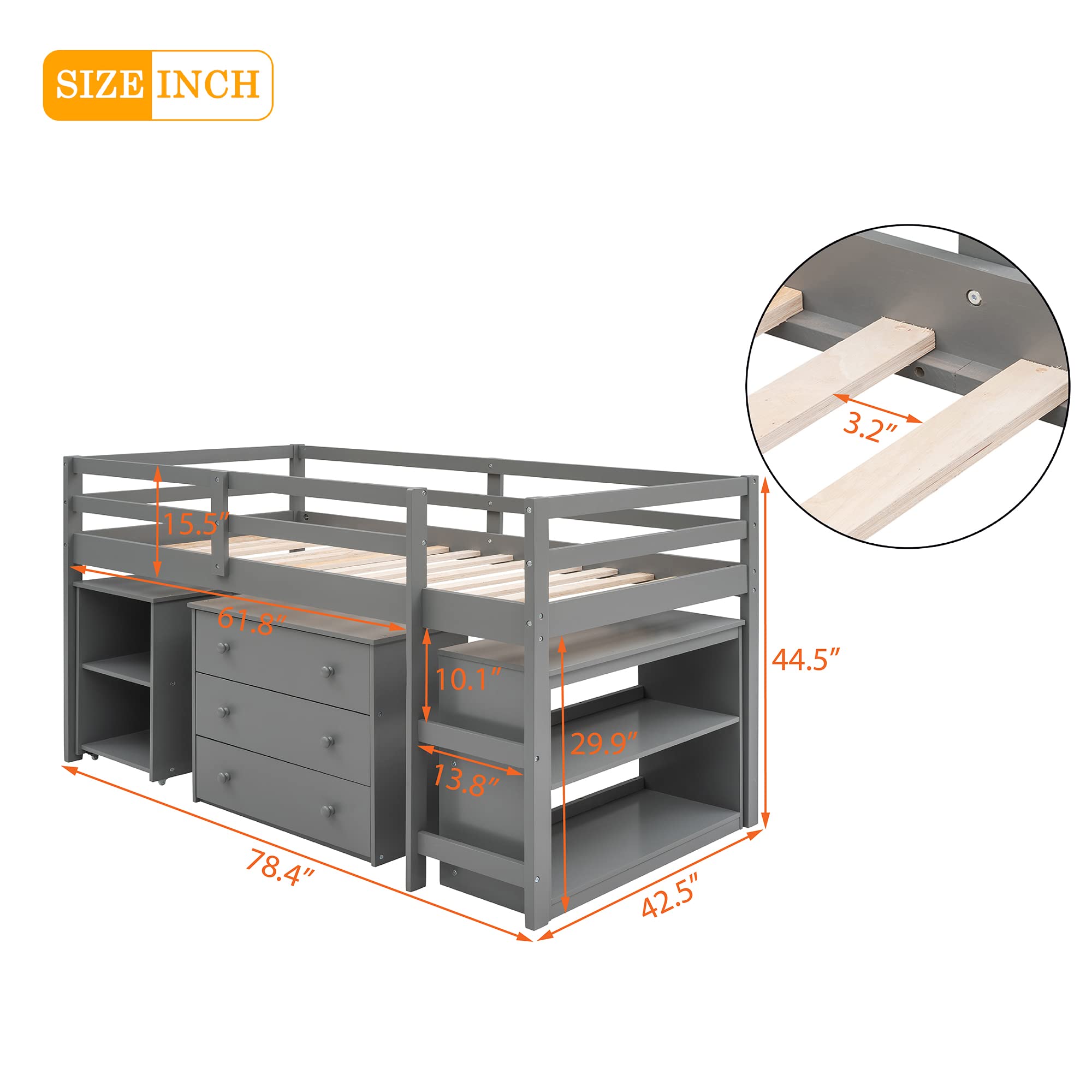 Twin Size Loft Bed with Desk and Cabinet - Low Study Loft Bed Frame for Kids & Teens, Gray - Perfect for Small Rooms, Dormitories & Space-Saving Kids Bedrooms